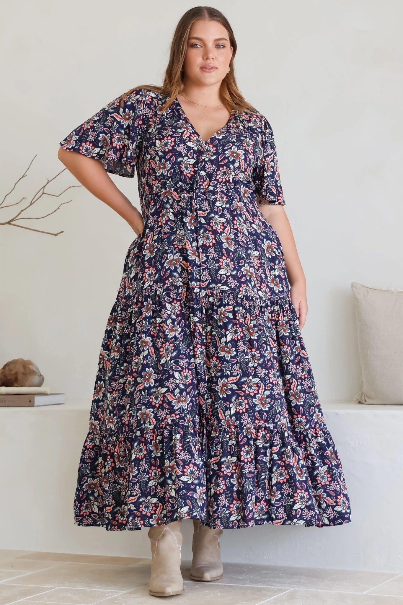 Adhira Maxi Dress - Buttoned Bodice A Line Dress With Flute Sleeves In Marla Print Navy - Image 14