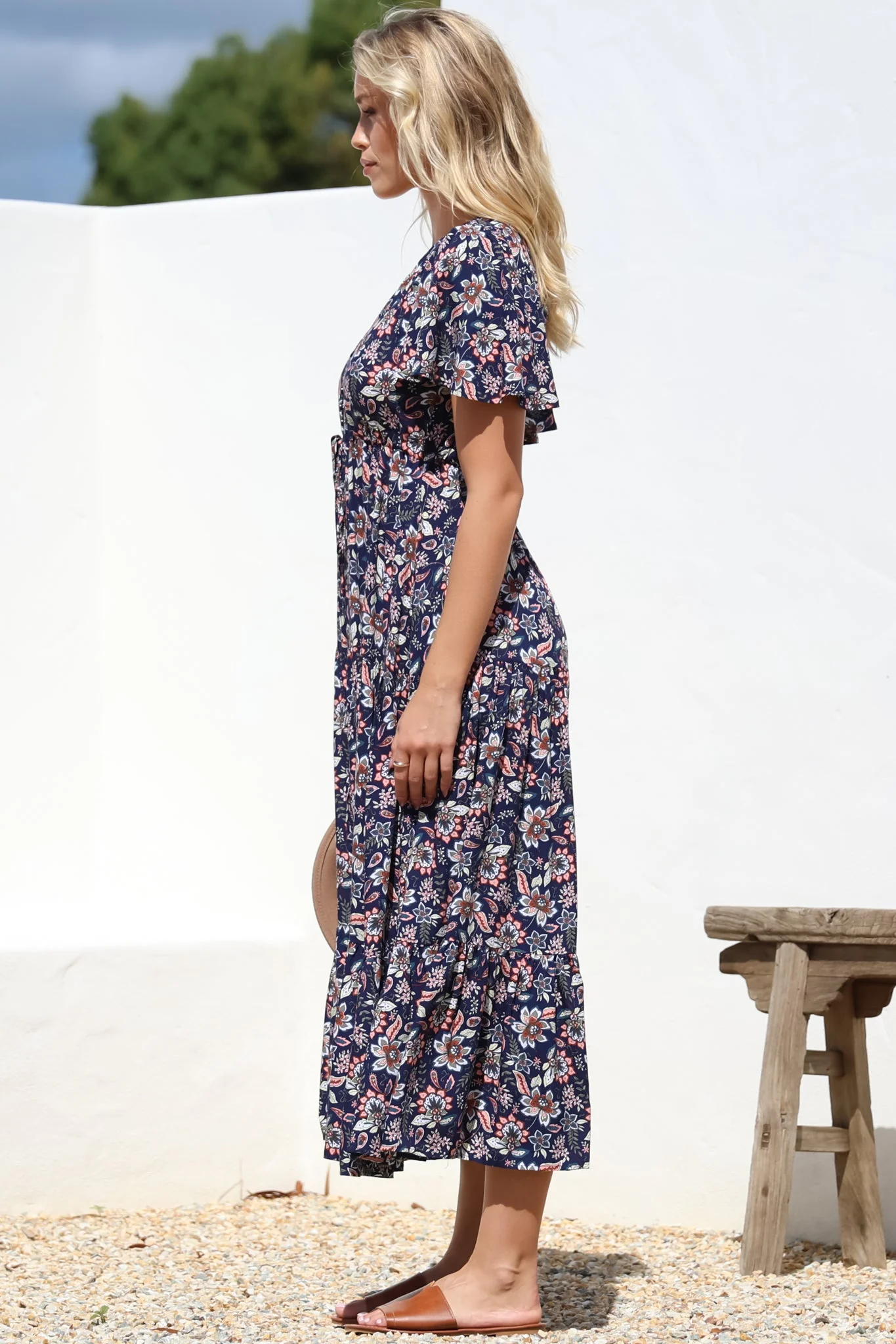 Adhira Maxi Dress - Buttoned Bodice A Line Dress With Flute Sleeves In Marla Print Navy - Image 15
