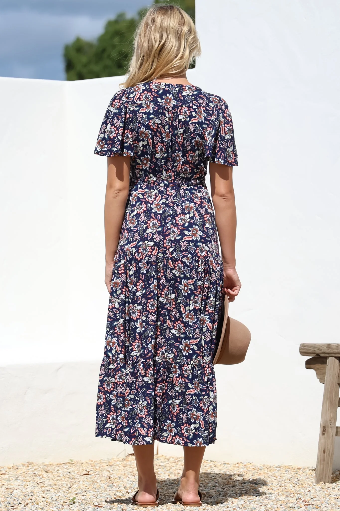 Adhira Maxi Dress - Buttoned Bodice A Line Dress With Flute Sleeves In Marla Print Navy - Image 16