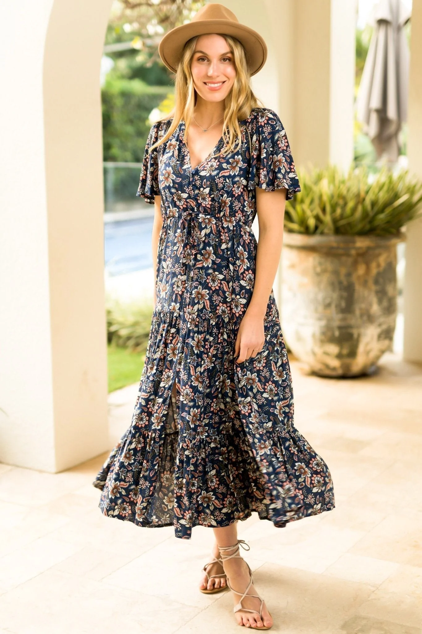 Adhira Maxi Dress - Buttoned Bodice A Line Dress With Flute Sleeves In Marla Print Navy - Image 18