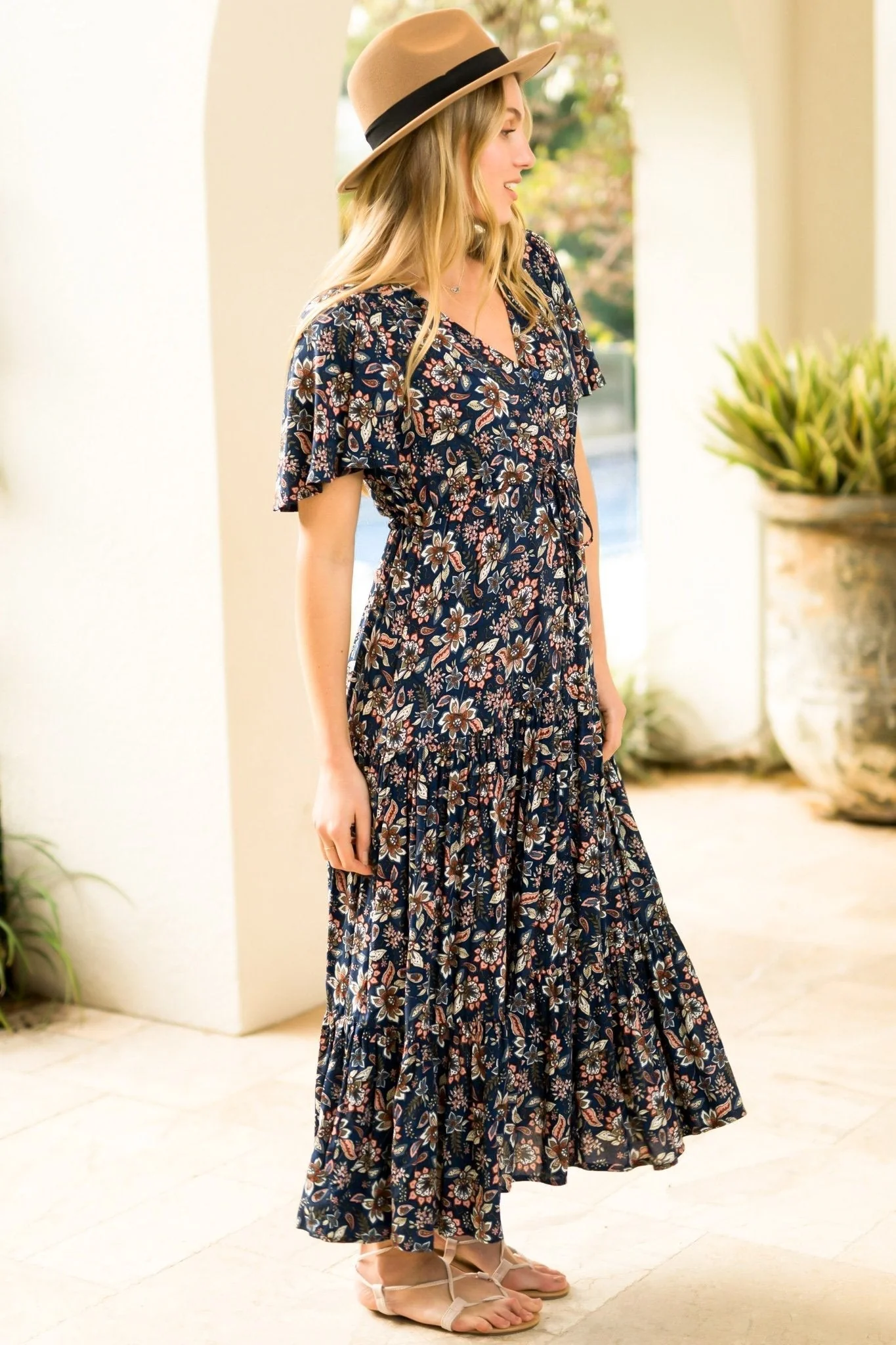 Adhira Maxi Dress - Buttoned Bodice A Line Dress With Flute Sleeves In Marla Print Navy - Image 19