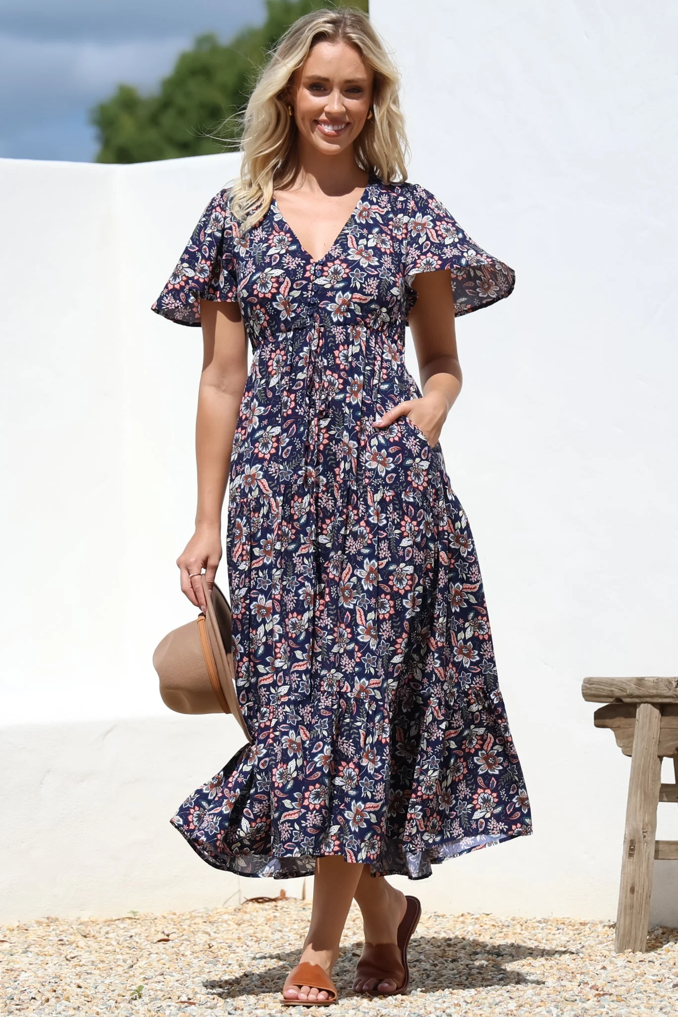 Adhira Maxi Dress - Buttoned Bodice A Line Dress With Flute Sleeves In Marla Print Navy - Image 3