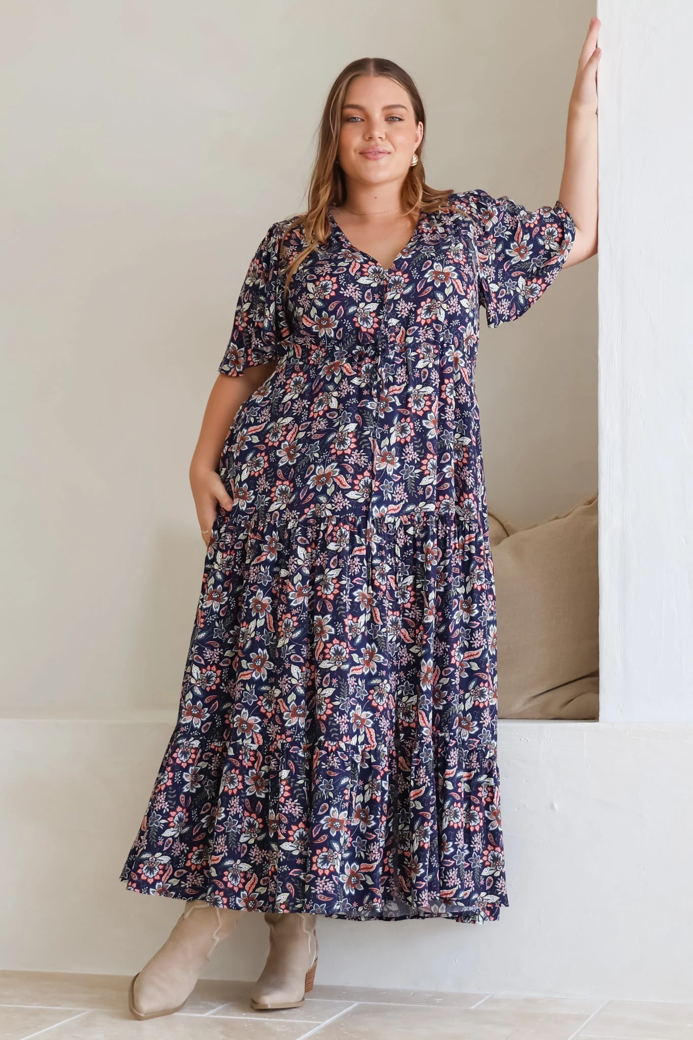 Adhira Maxi Dress - Buttoned Bodice A Line Dress With Flute Sleeves In Marla Print Navy - Image 4