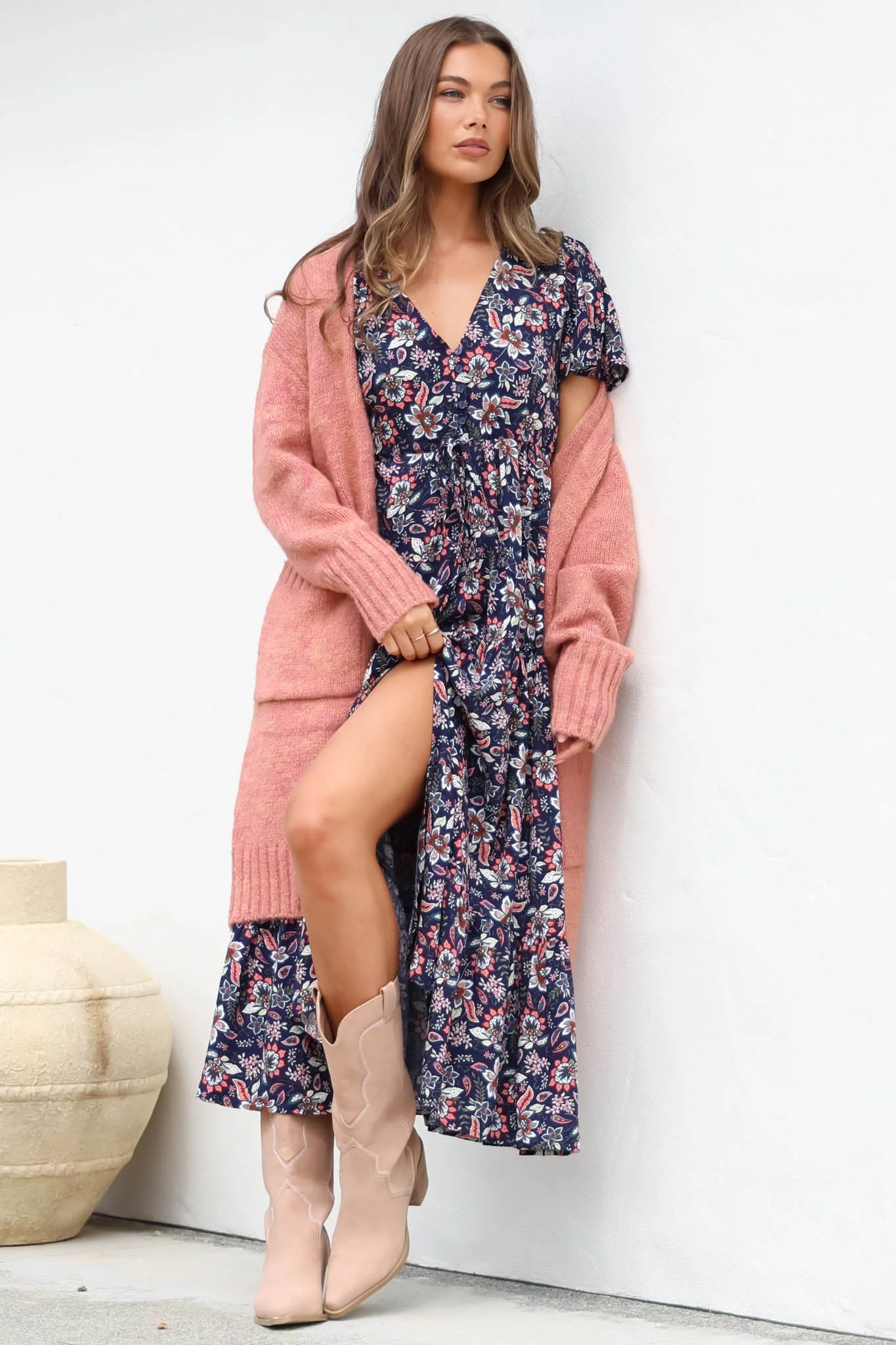 Adhira Maxi Dress - Buttoned Bodice A Line Dress With Flute Sleeves In Marla Print Navy - Image 5