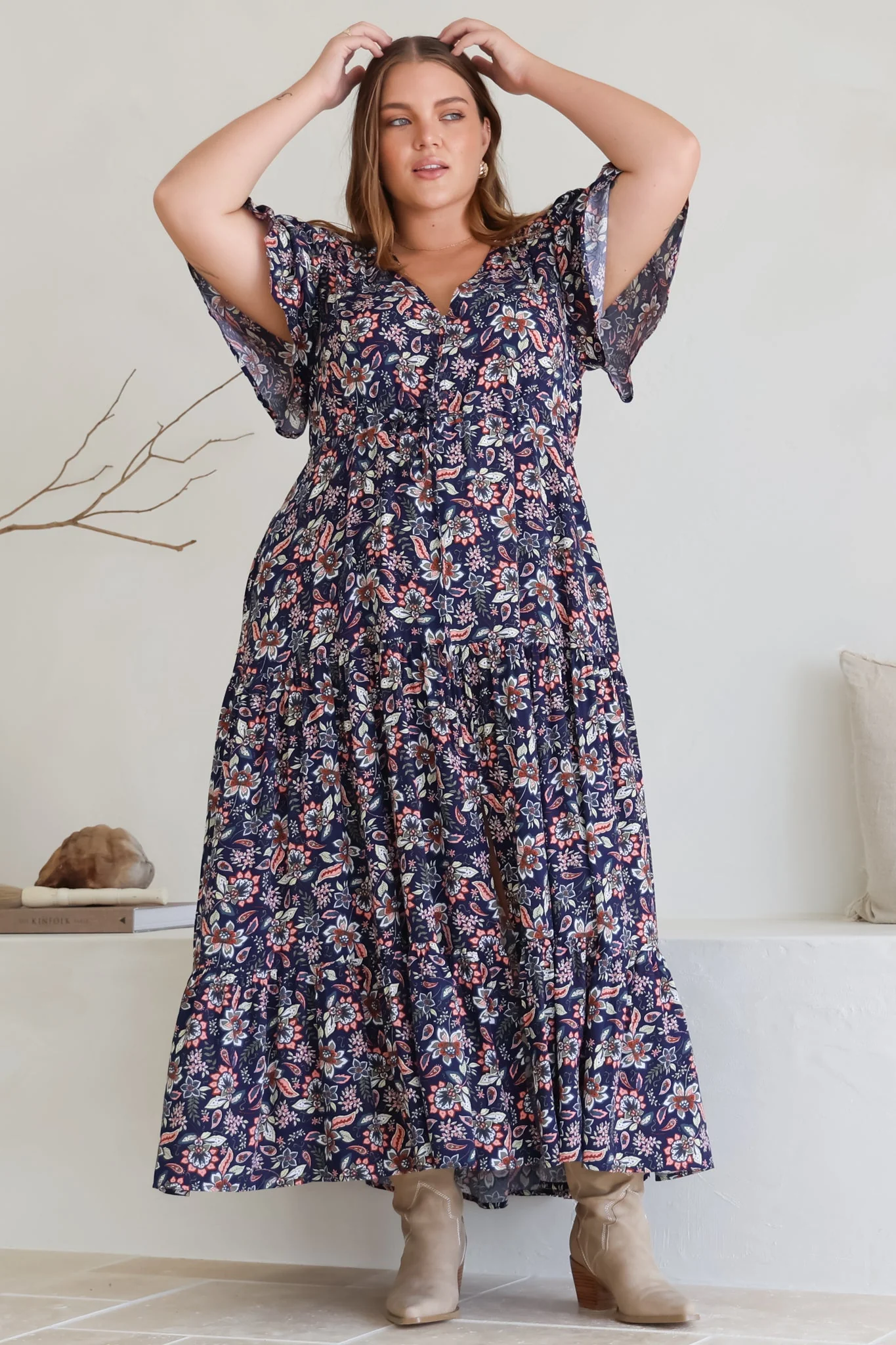 Adhira Maxi Dress - Buttoned Bodice A Line Dress With Flute Sleeves In Marla Print Navy - Image 7