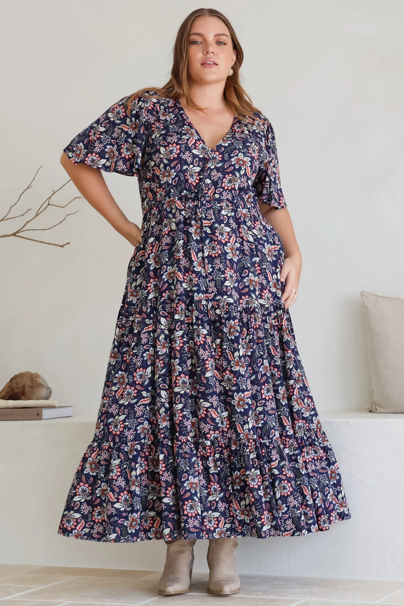 Adhira Maxi Dress - Buttoned Bodice A Line Dress With Flute Sleeves In Marla Print Navy - Image 9