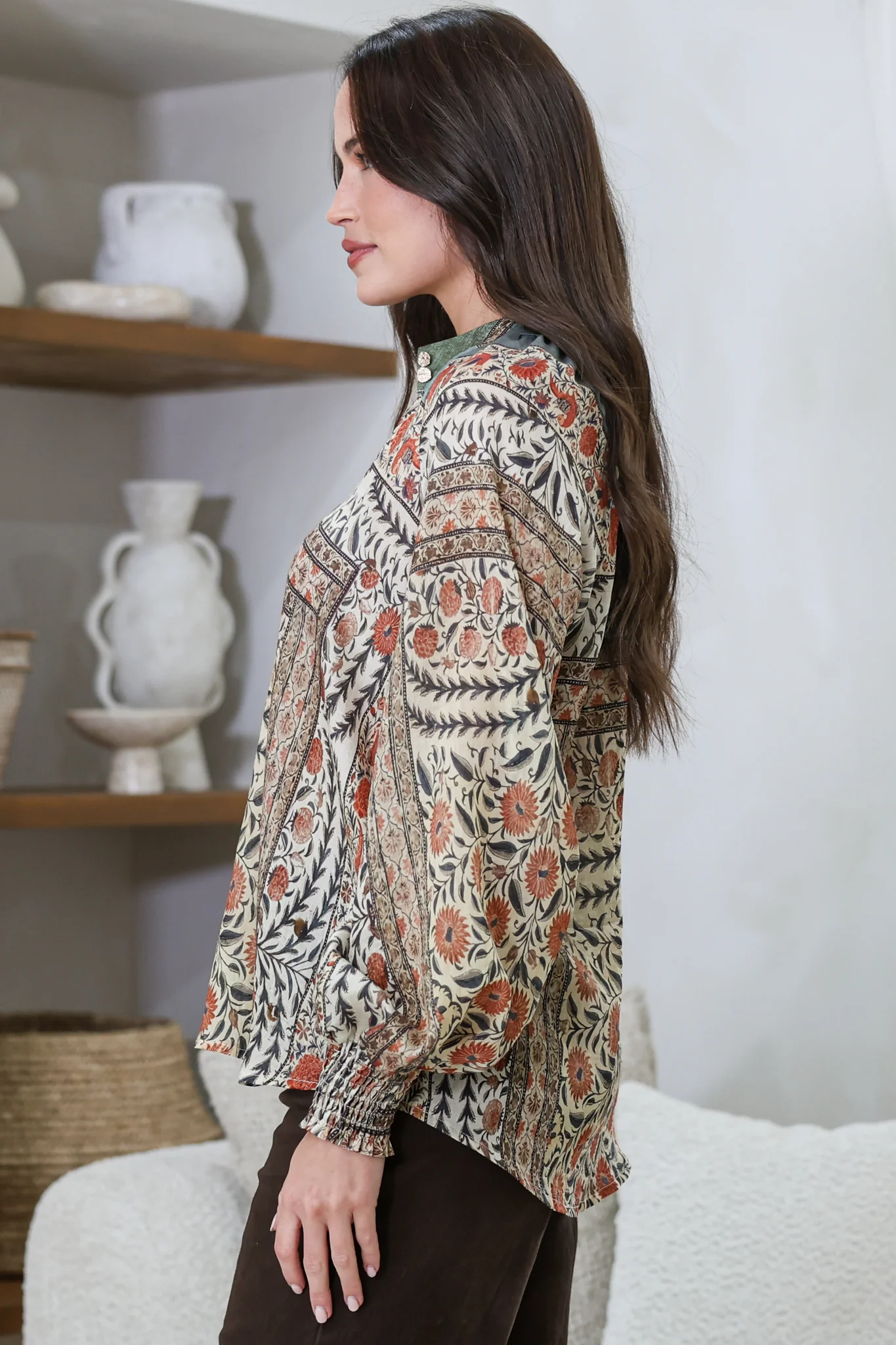 Adora Top - Mandarin Collar Button-Down with Long Balloon Sleeves in Carmine Print - Image 7