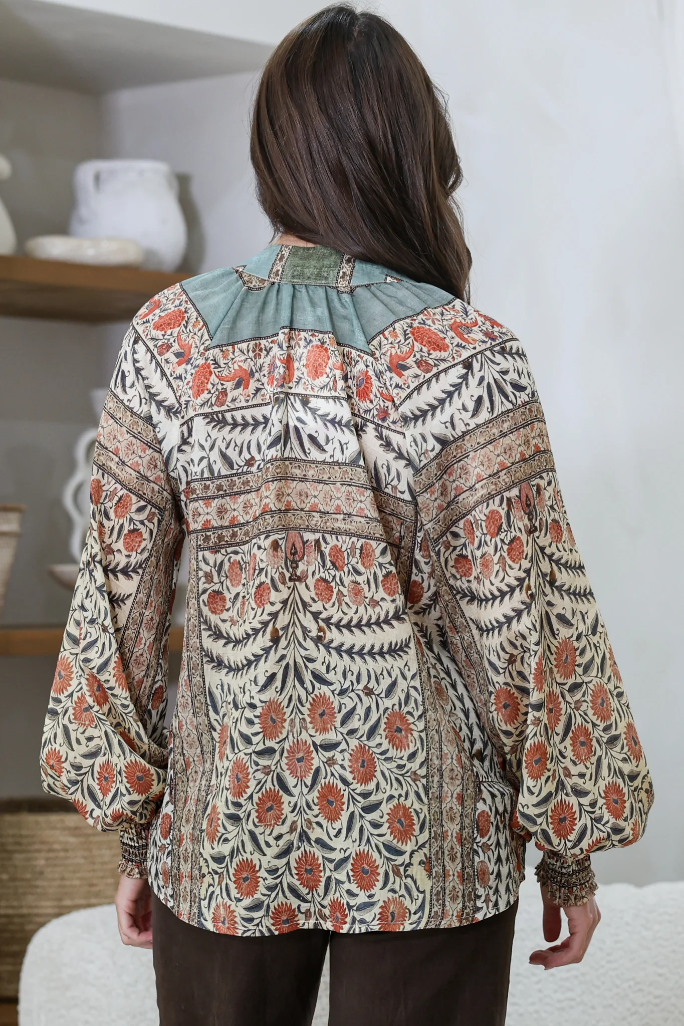 Adora Top - Mandarin Collar Button-Down with Long Balloon Sleeves in Carmine Print - Image 8