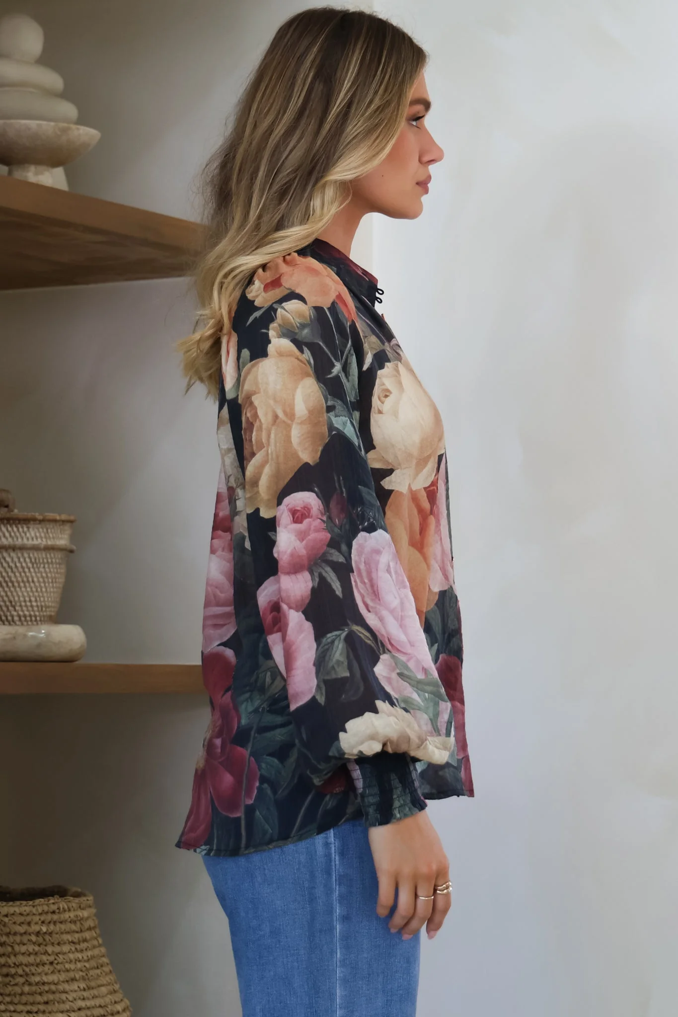 Adora Top - Mandarin Collar Button-Down with Long Balloon Sleeves in Annalisa Print - Image 10