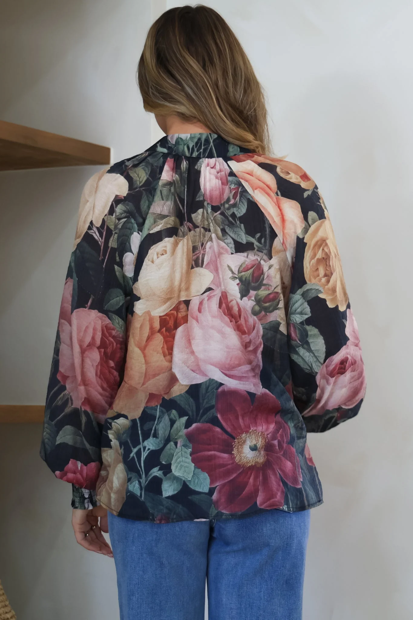 Adora Top - Mandarin Collar Button-Down with Long Balloon Sleeves in Annalisa Print - Image 11