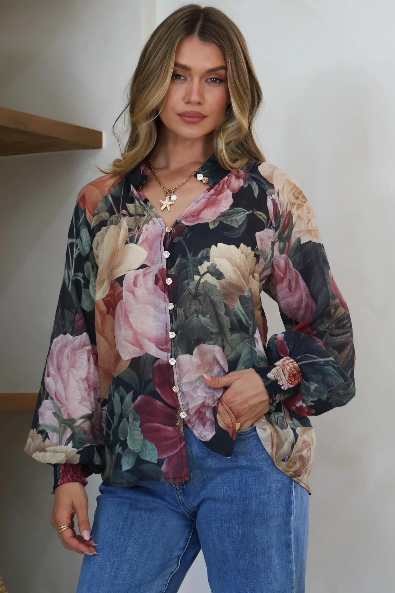 Adora Top - Mandarin Collar Button-Down with Long Balloon Sleeves in Annalisa Print - Image 8