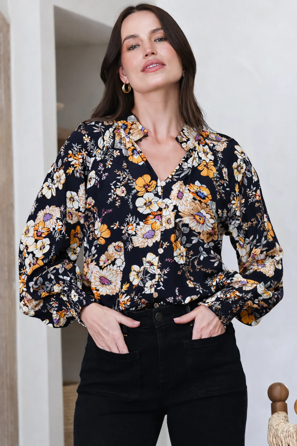 Adora Top - Mandarin Collar Button-Down with Long Balloon Sleeves in Autumn Print - Image 3