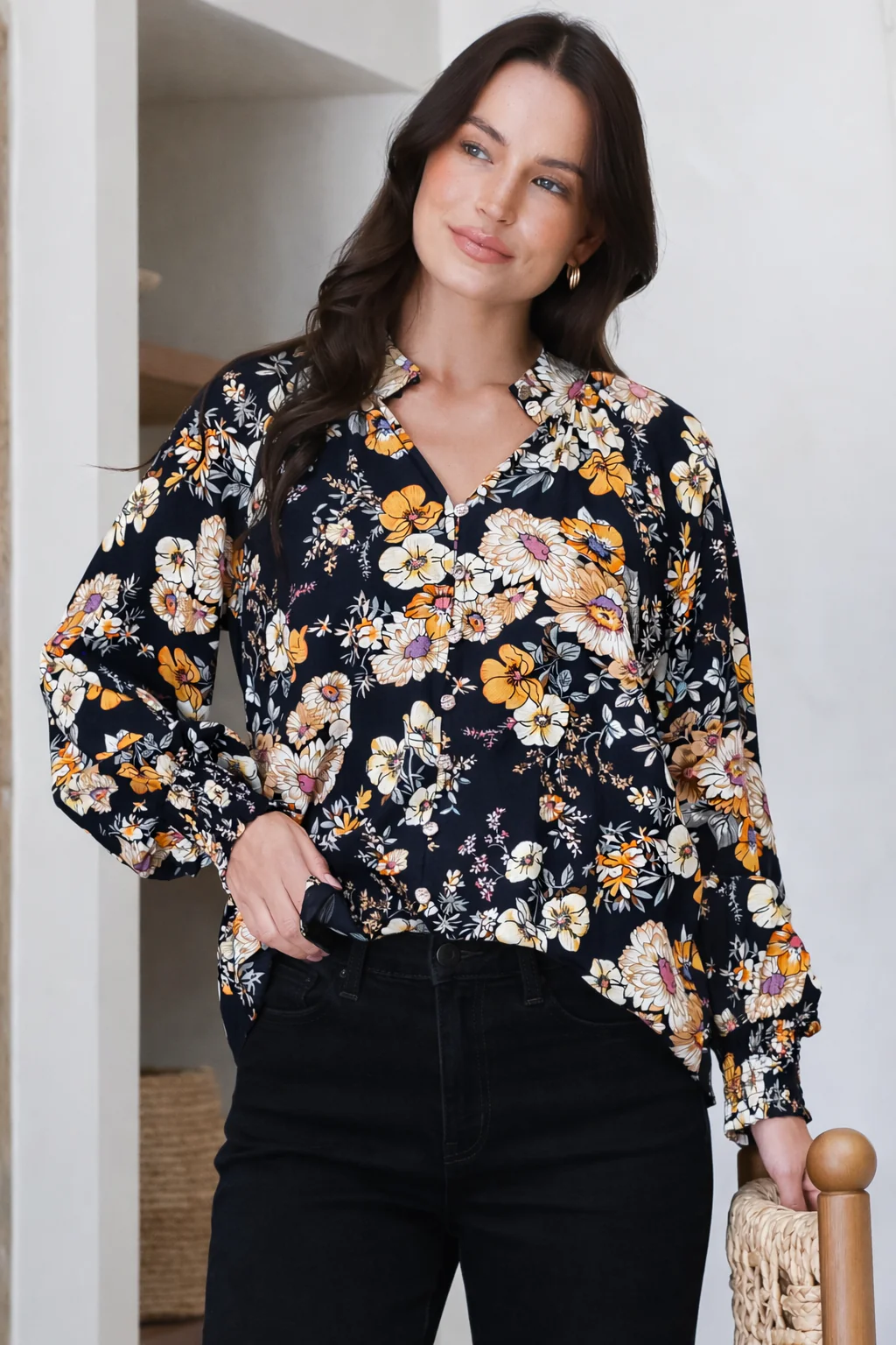 Adora Top - Mandarin Collar Button-Down with Long Balloon Sleeves in Autumn Print - Image 4