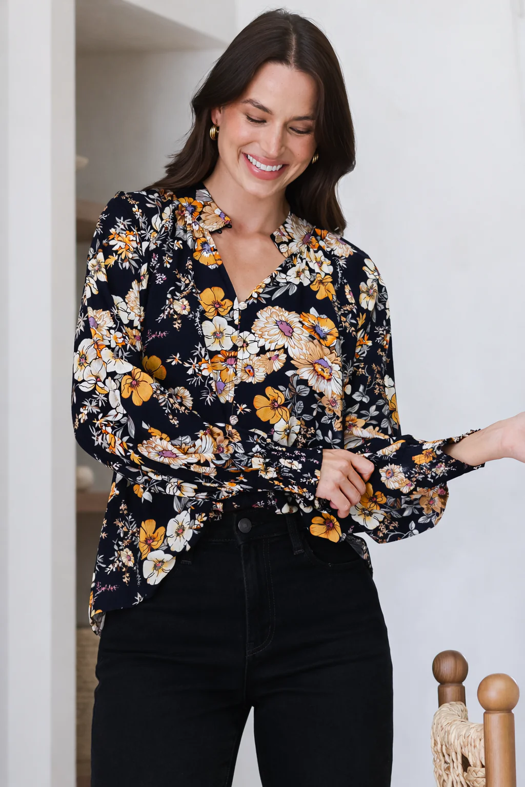 Adora Top - Mandarin Collar Button-Down with Long Balloon Sleeves in Autumn Print - Image 5