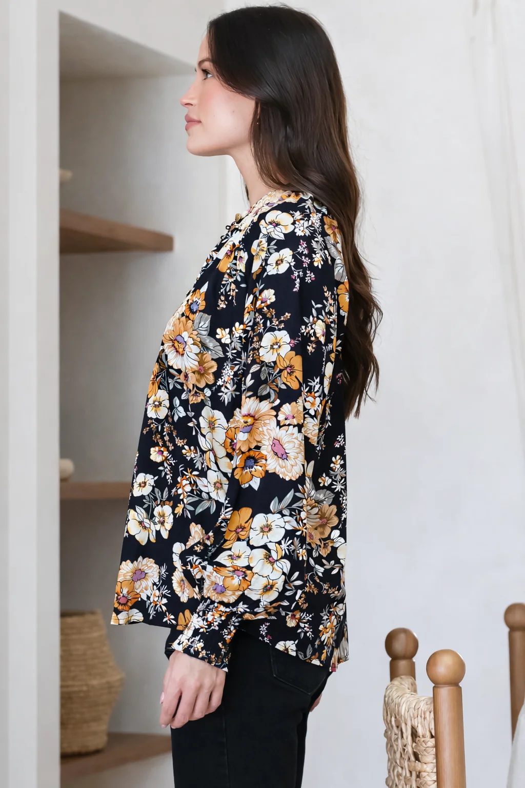 Adora Top - Mandarin Collar Button-Down with Long Balloon Sleeves in Autumn Print - Image 7
