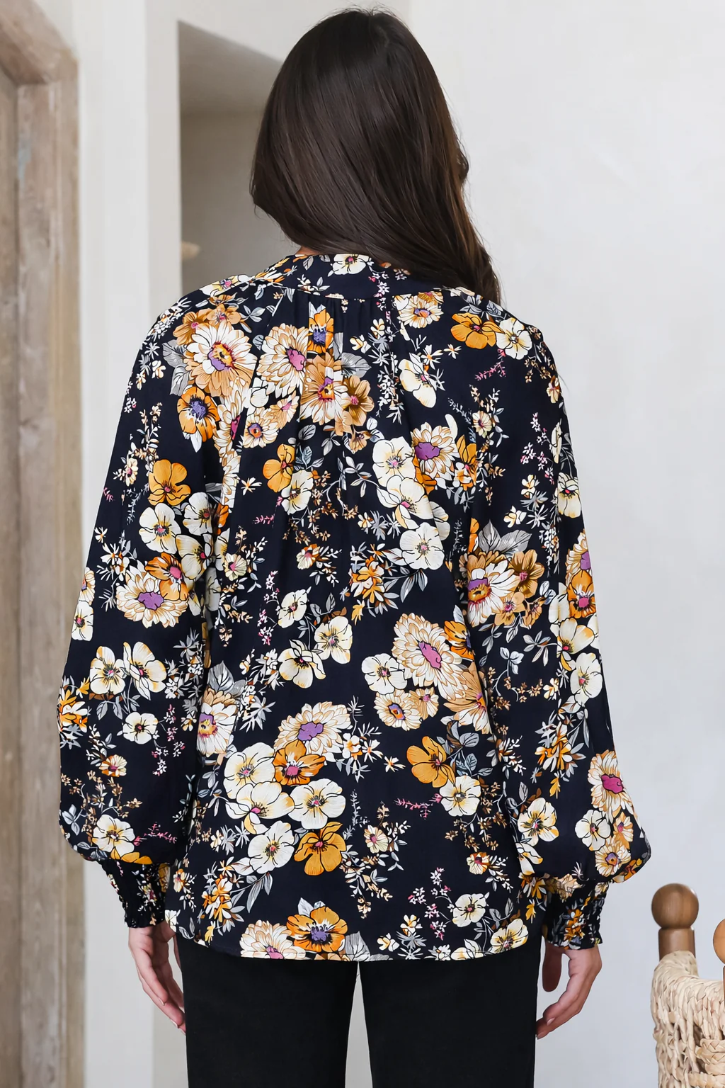 Adora Top - Mandarin Collar Button-Down with Long Balloon Sleeves in Autumn Print - Image 8