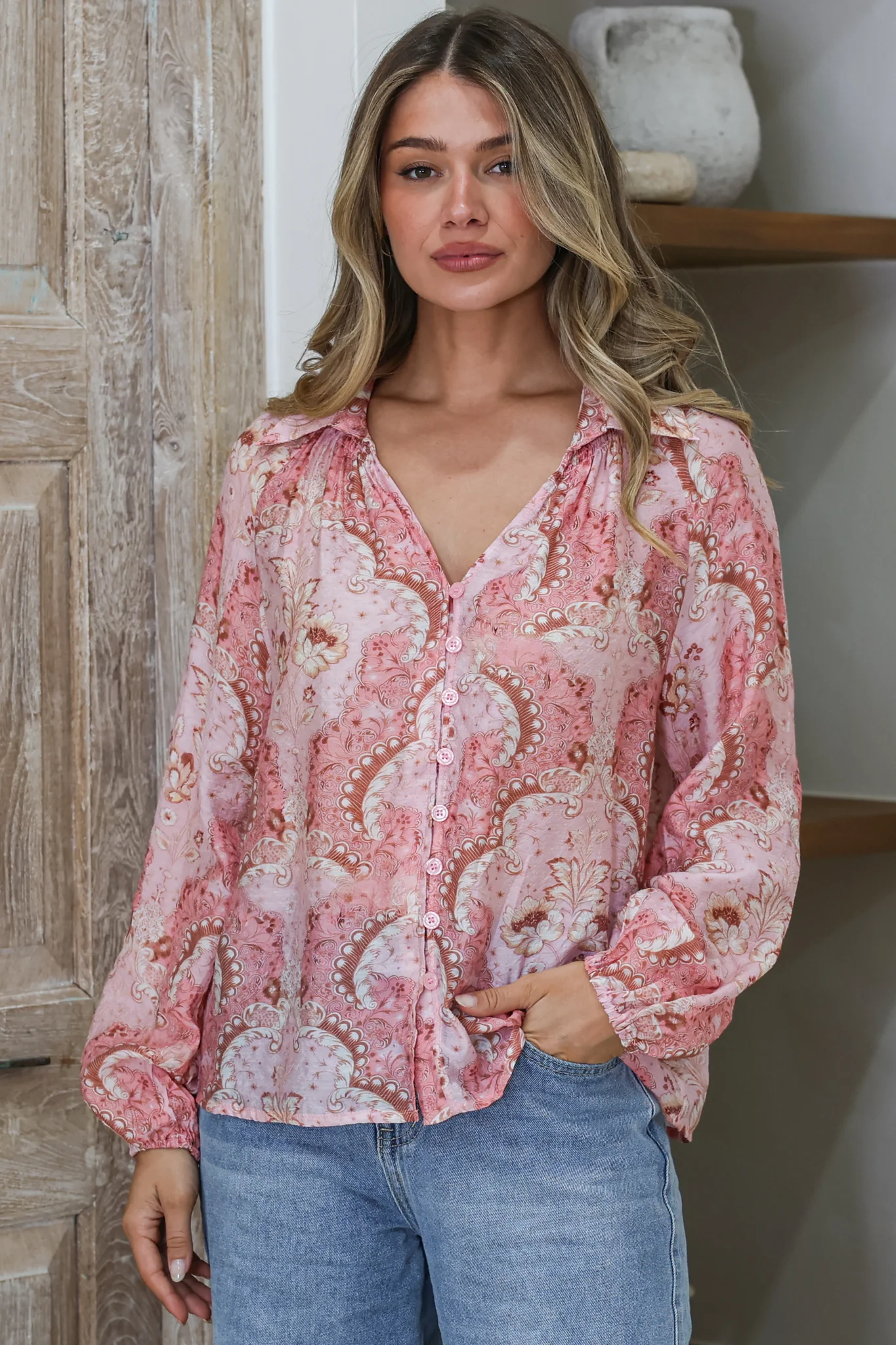 Akri Blouse - Wing Collar Button Down with Long Sleeves in Delta Print - Image 6
