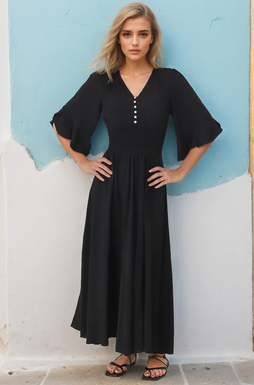 Alba Maxi Dress - Buttoned Bodice A Line Dress in Black - Image 10