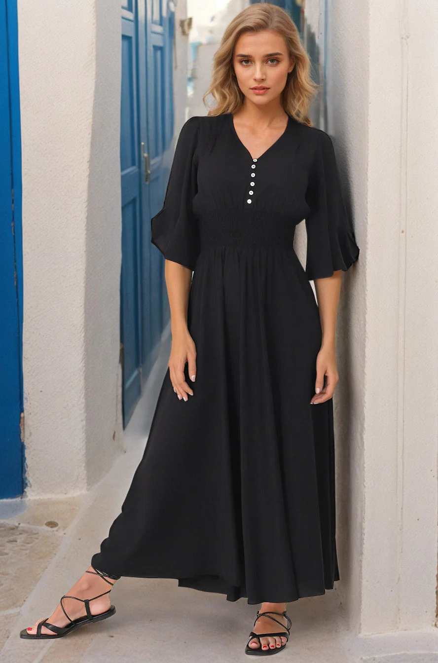 Alba Maxi Dress - Buttoned Bodice A Line Dress in Black - Image 11