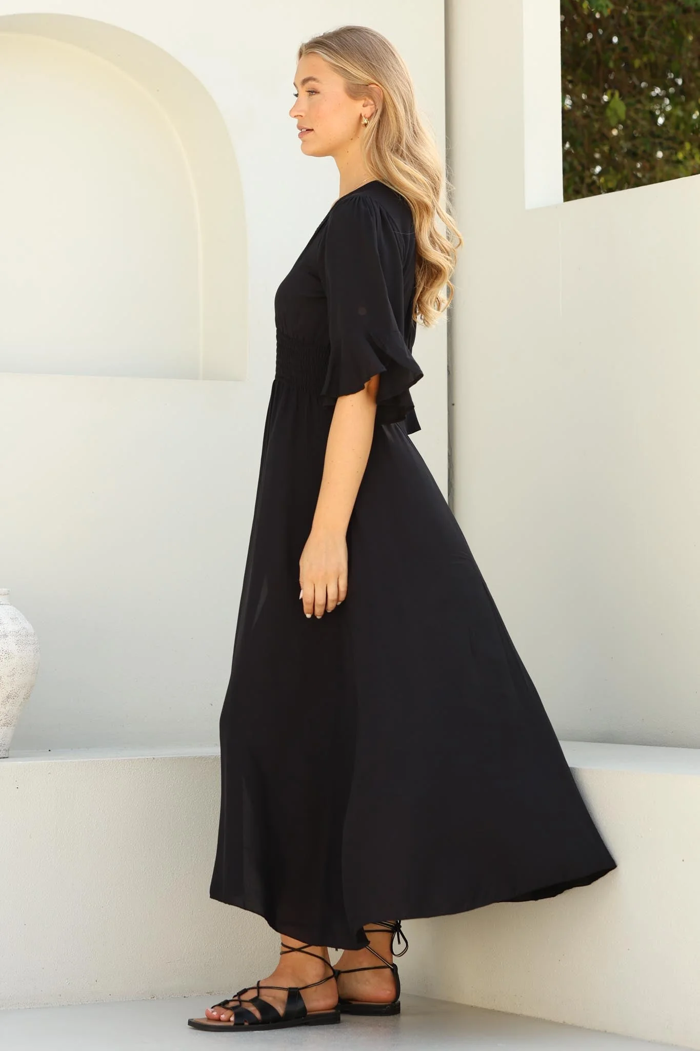 Alba Maxi Dress - Buttoned Bodice A Line Dress in Black - Image 12