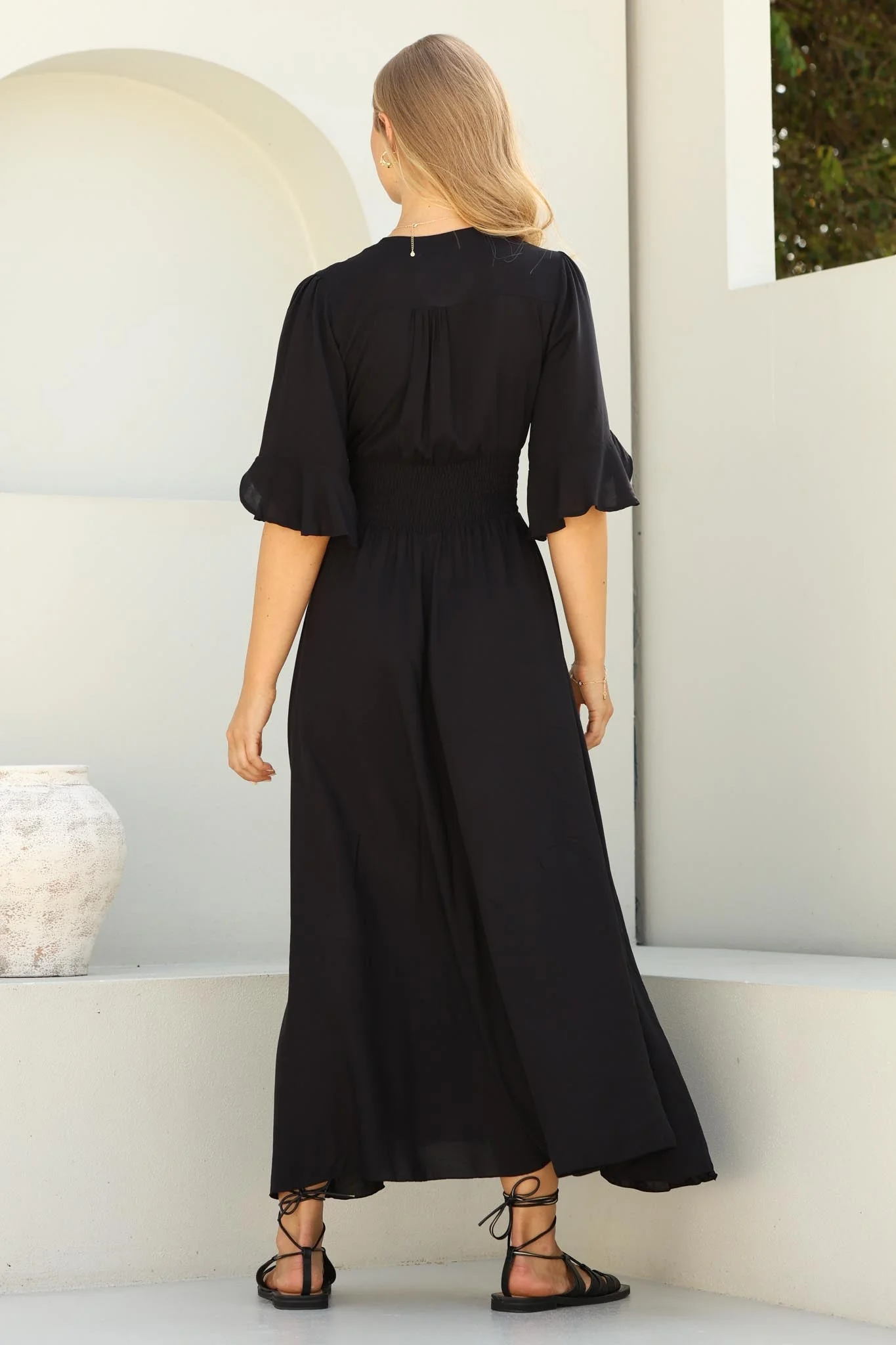 Alba Maxi Dress - Buttoned Bodice A Line Dress in Black - Image 13
