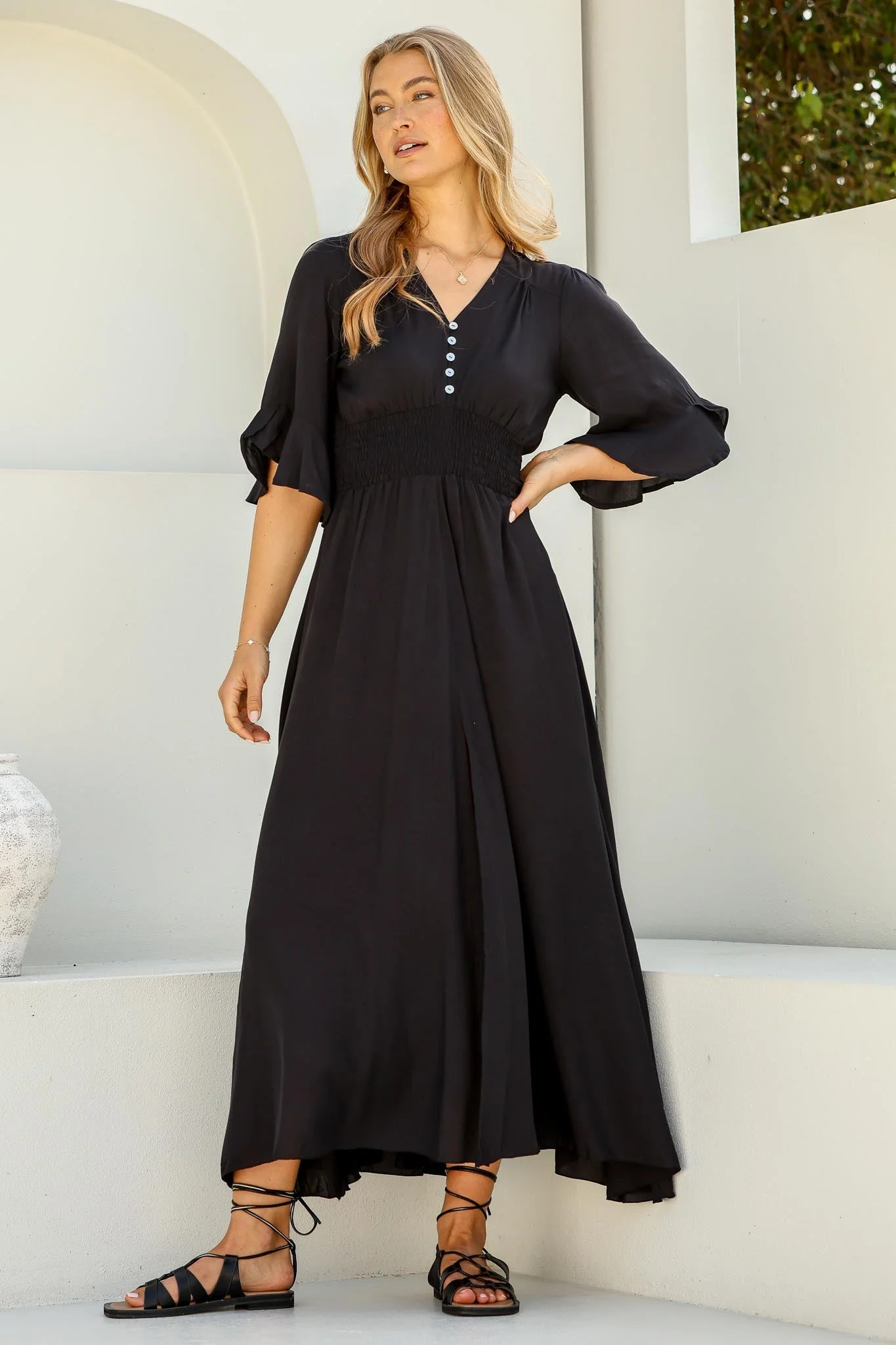 Alba Maxi Dress - Buttoned Bodice A Line Dress in Black - Image 4