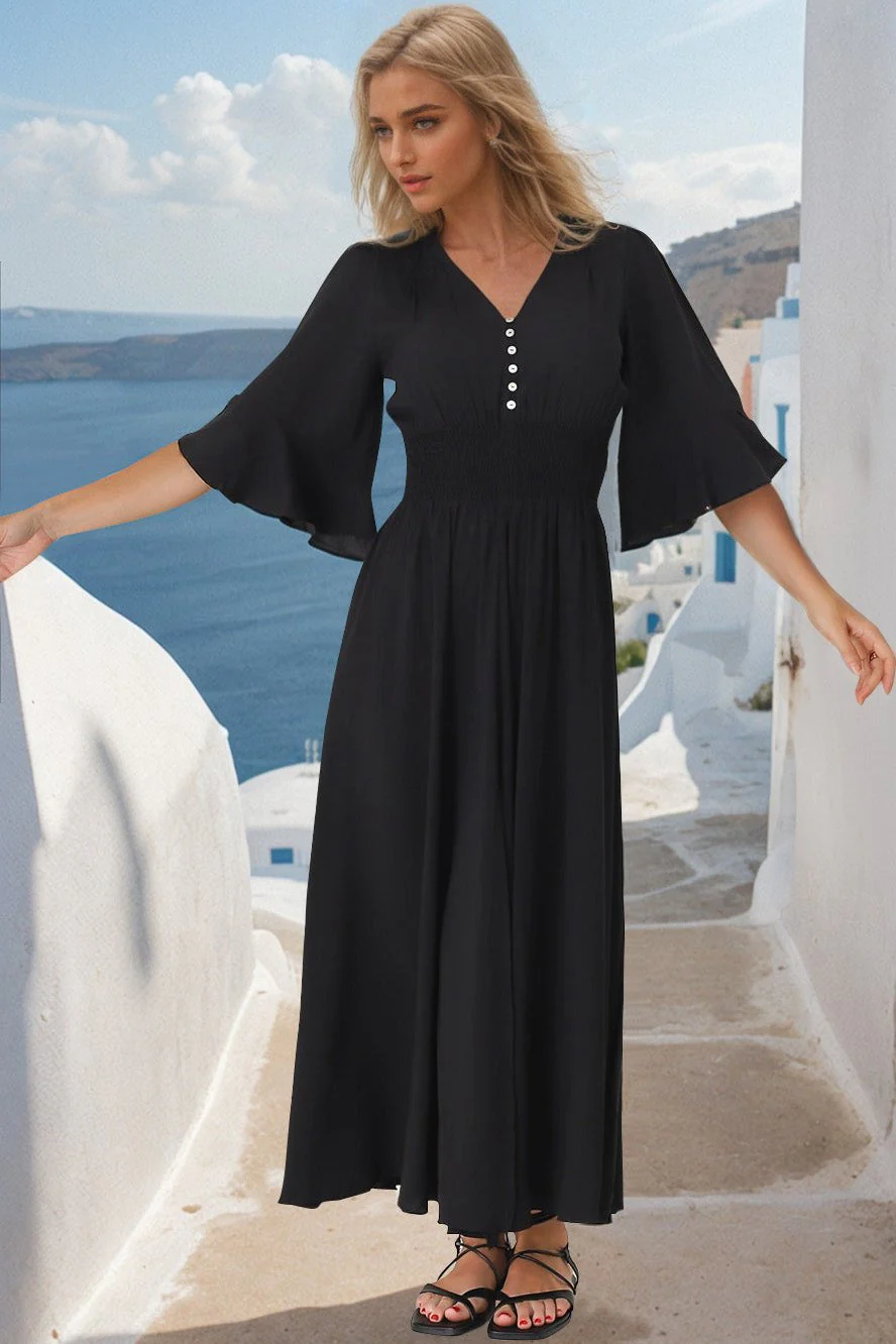 Alba Maxi Dress - Buttoned Bodice A Line Dress in Black - Image 9