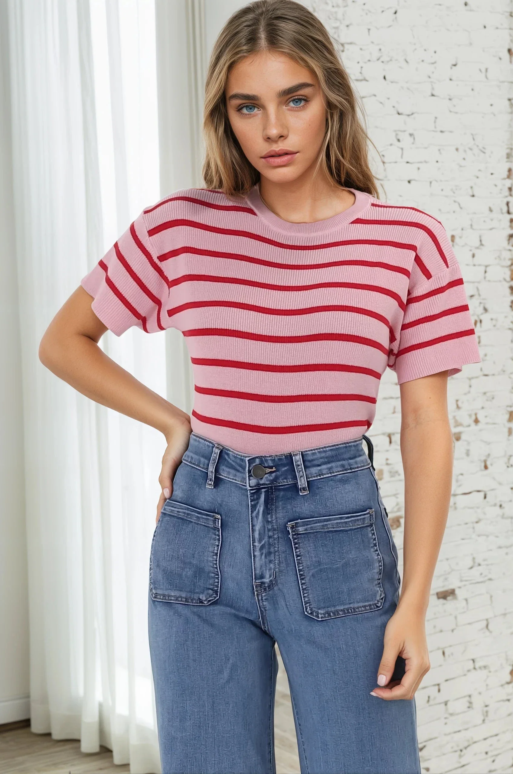 Alden Knit Top: Relaxed Striped Crew Neck Top in Pink - Image 2