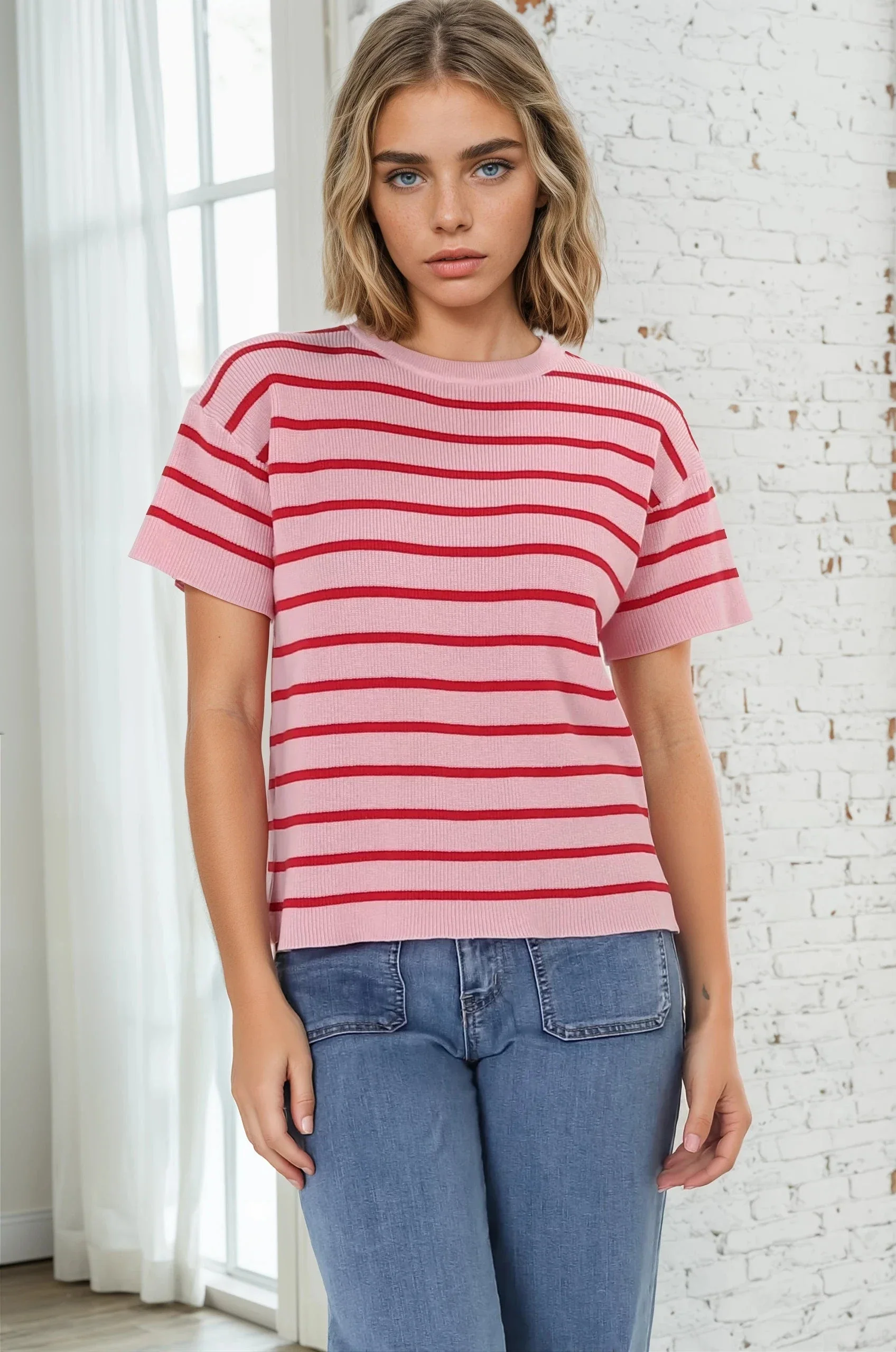 Alden Knit Top: Relaxed Striped Crew Neck Top in Pink - Image 4