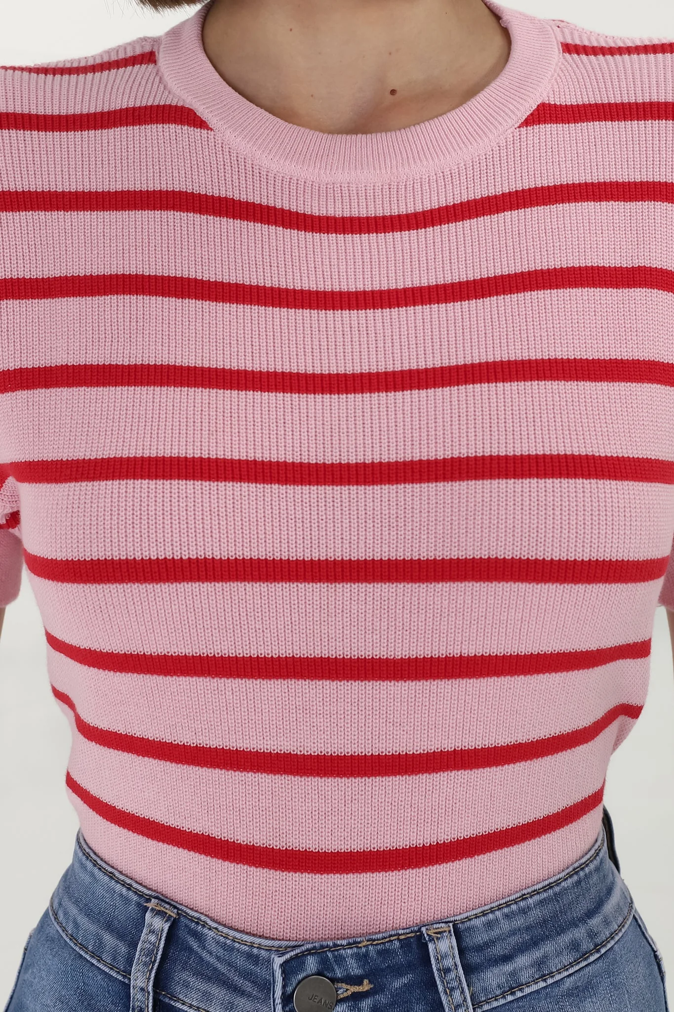 Alden Knit Top: Relaxed Striped Crew Neck Top in Pink - Image 5