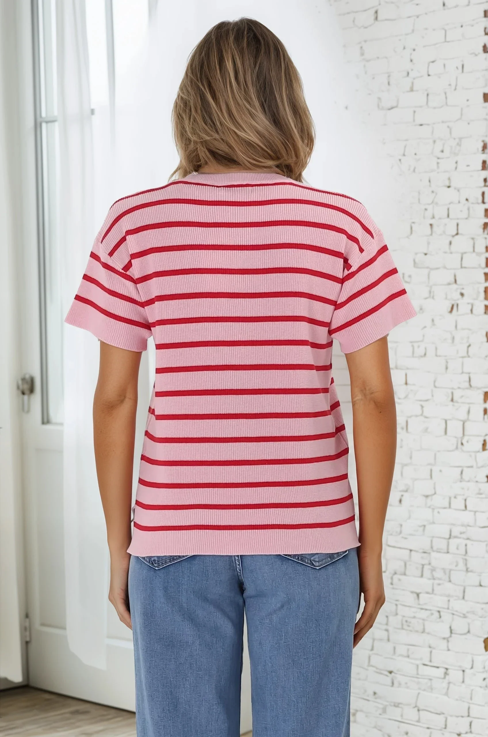 Alden Knit Top: Relaxed Striped Crew Neck Top in Pink - Image 9