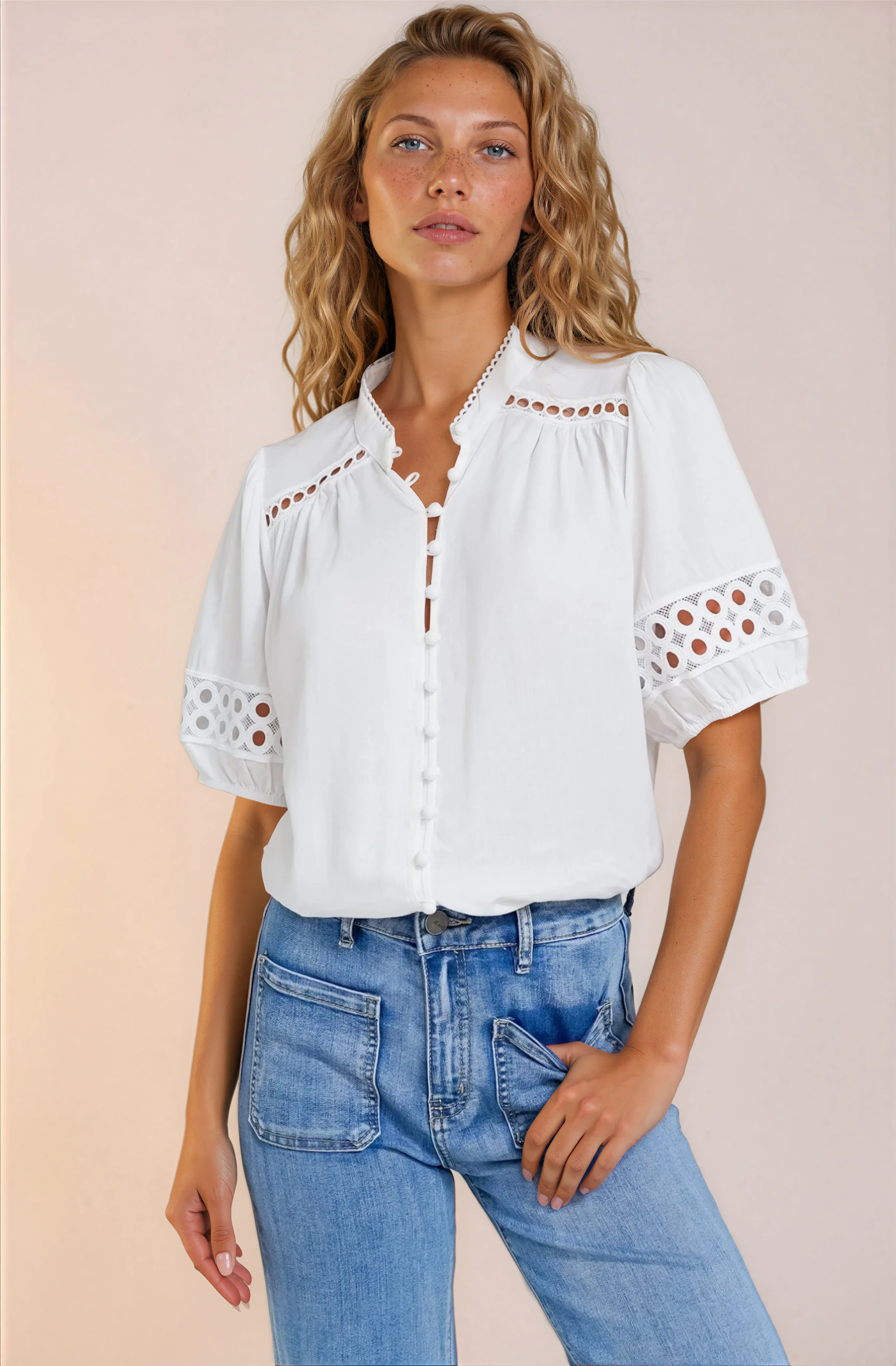 Alenna Shirt - Mandarin Collar Cut Out Detailed Short Sleeve Button Down in White