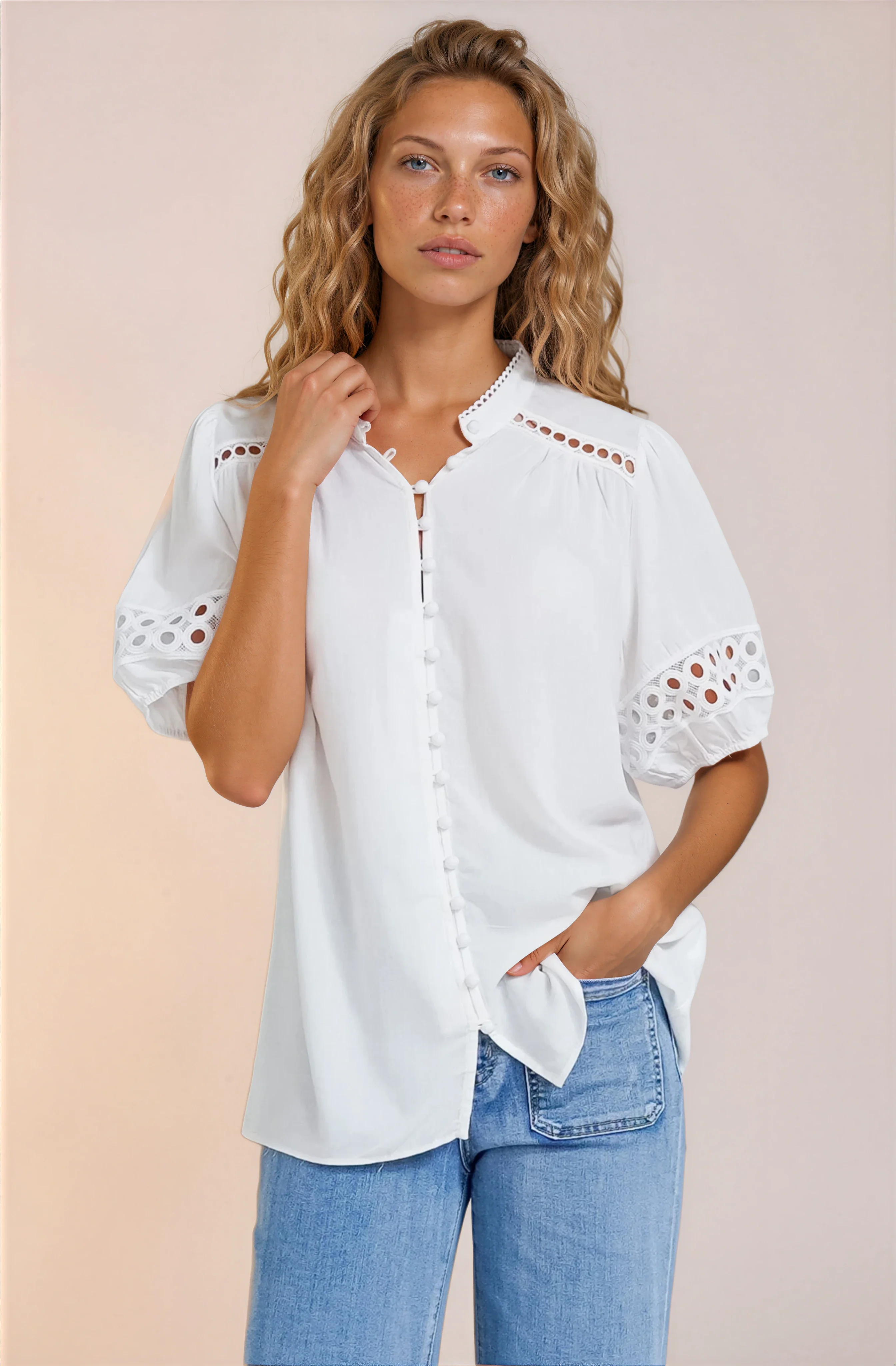Alenna Shirt - Mandarin Collar Cut Out Detailed Short Sleeve Button Down in White - Image 2