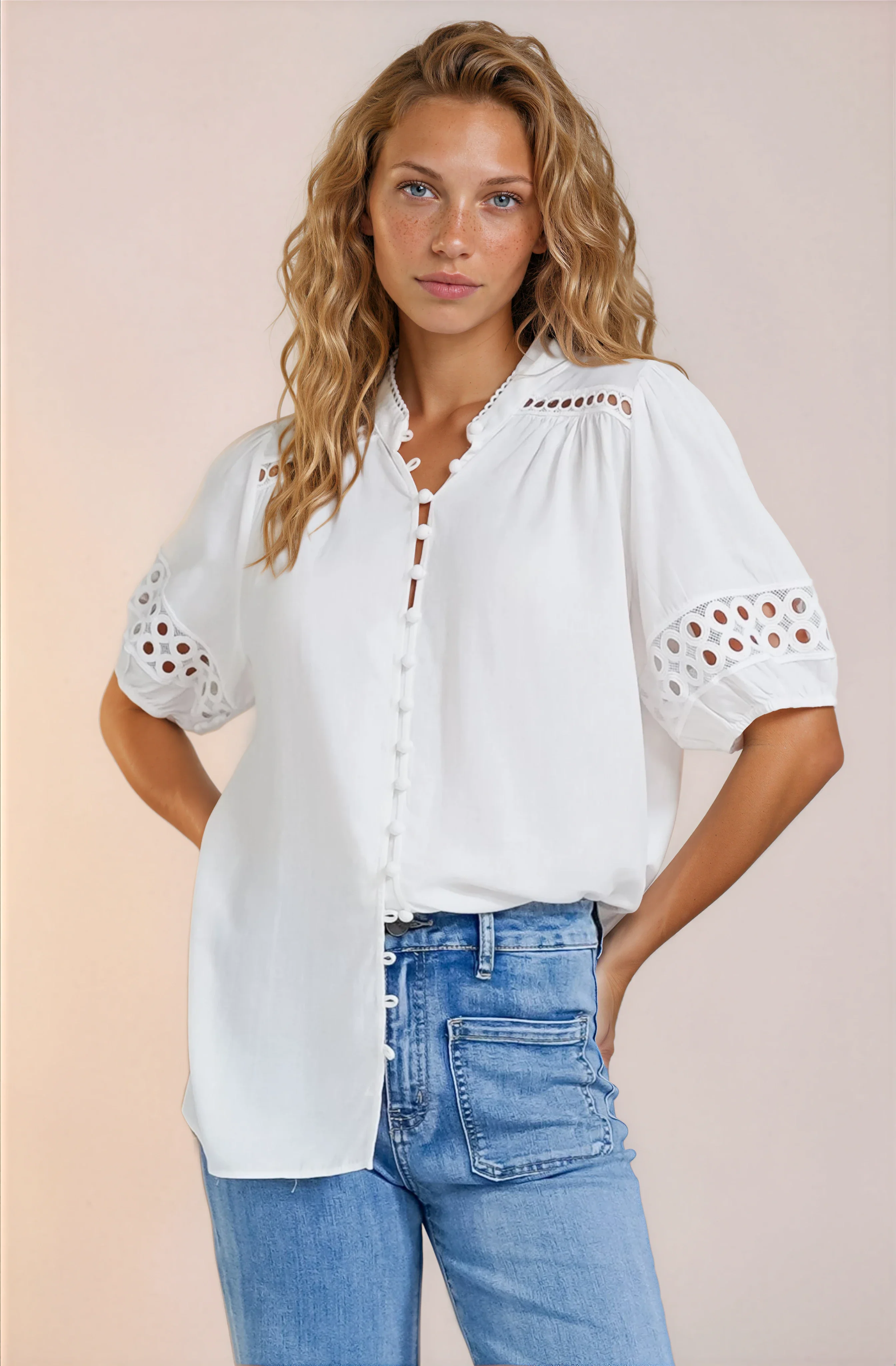 Alenna Shirt - Mandarin Collar Cut Out Detailed Short Sleeve Button Down in White - Image 3