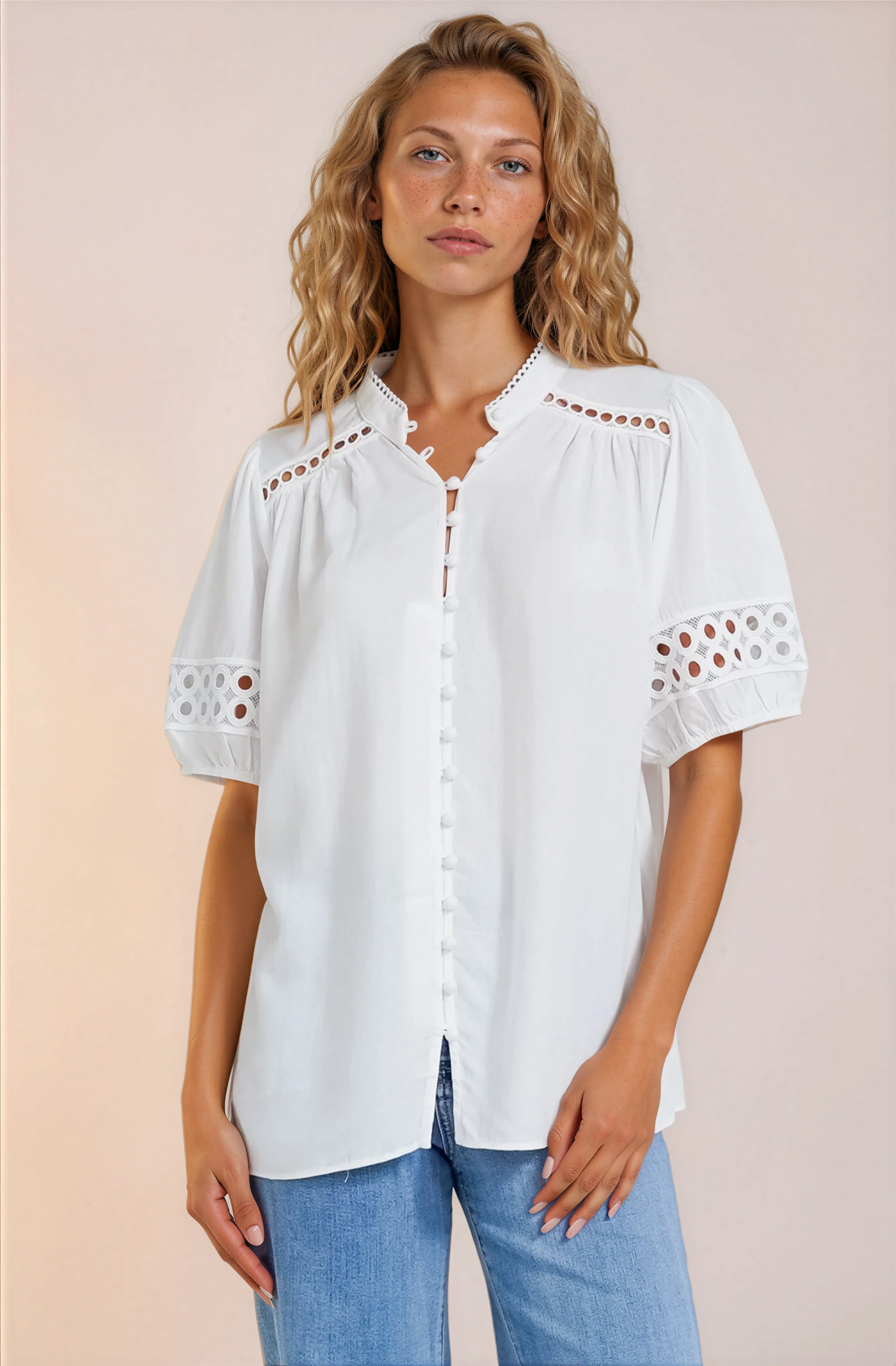 Alenna Shirt - Mandarin Collar Cut Out Detailed Short Sleeve Button Down in White - Image 4