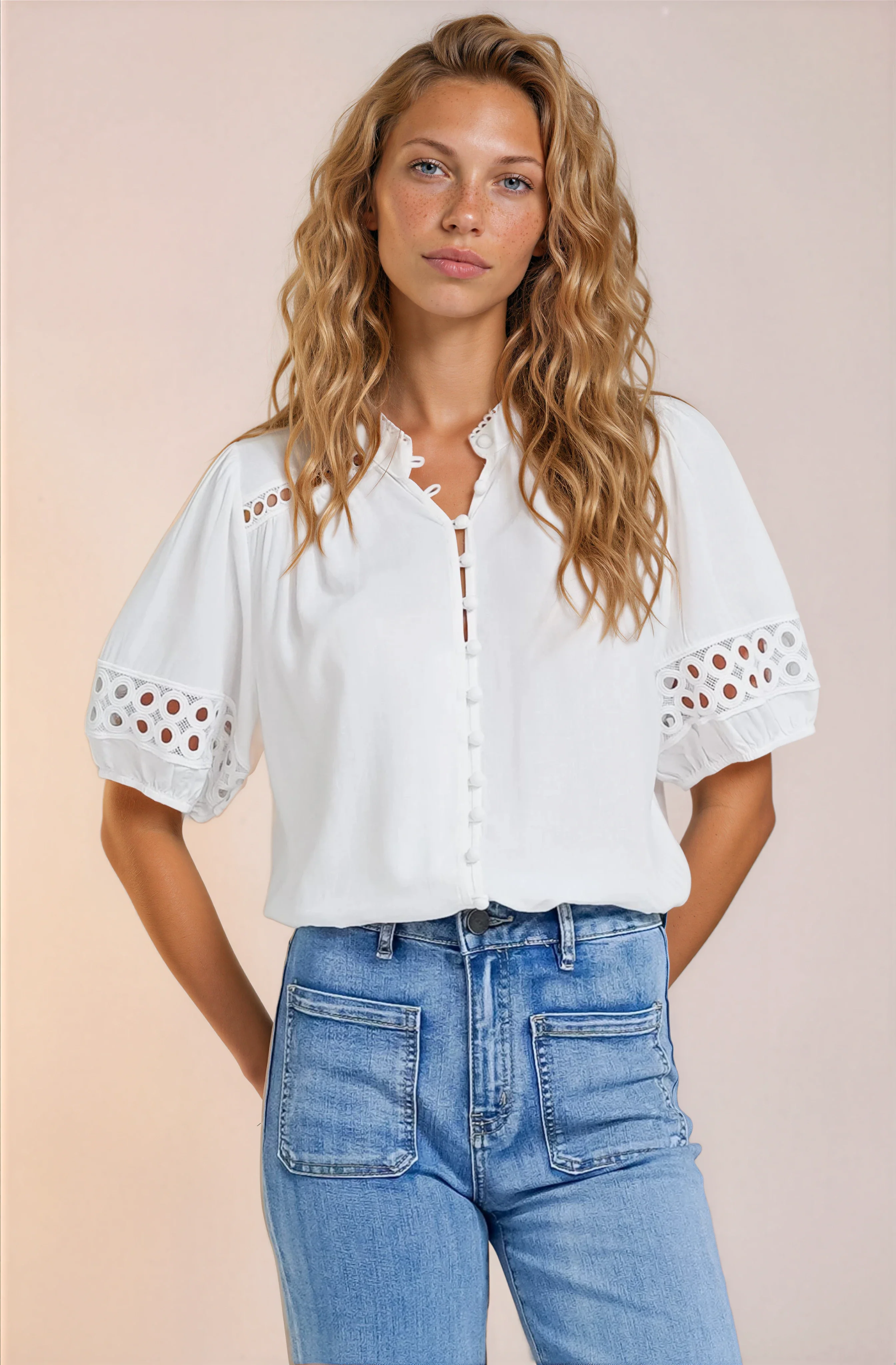 Alenna Shirt - Mandarin Collar Cut Out Detailed Short Sleeve Button Down in White - Image 5