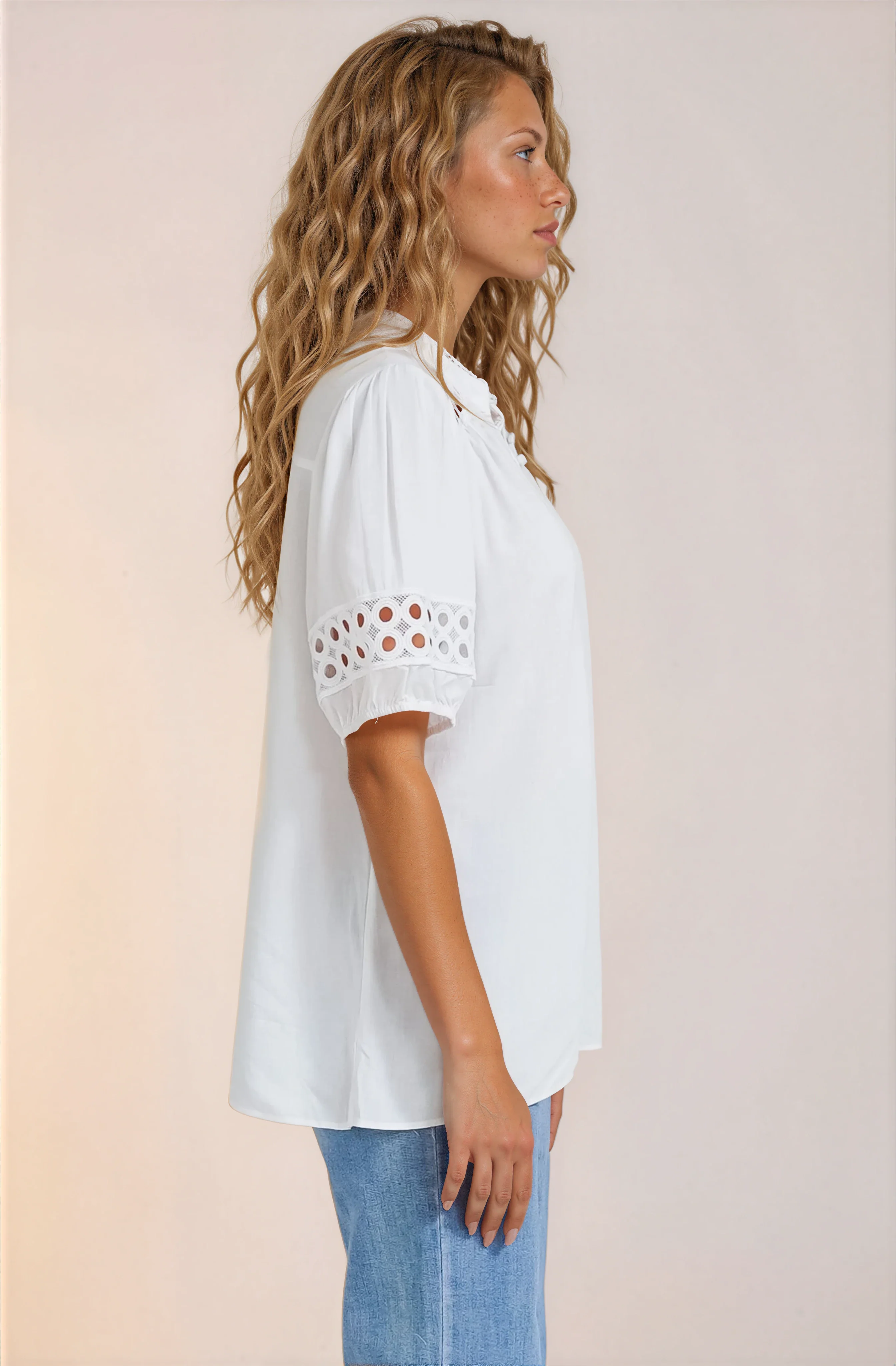 Alenna Shirt - Mandarin Collar Cut Out Detailed Short Sleeve Button Down in White - Image 6