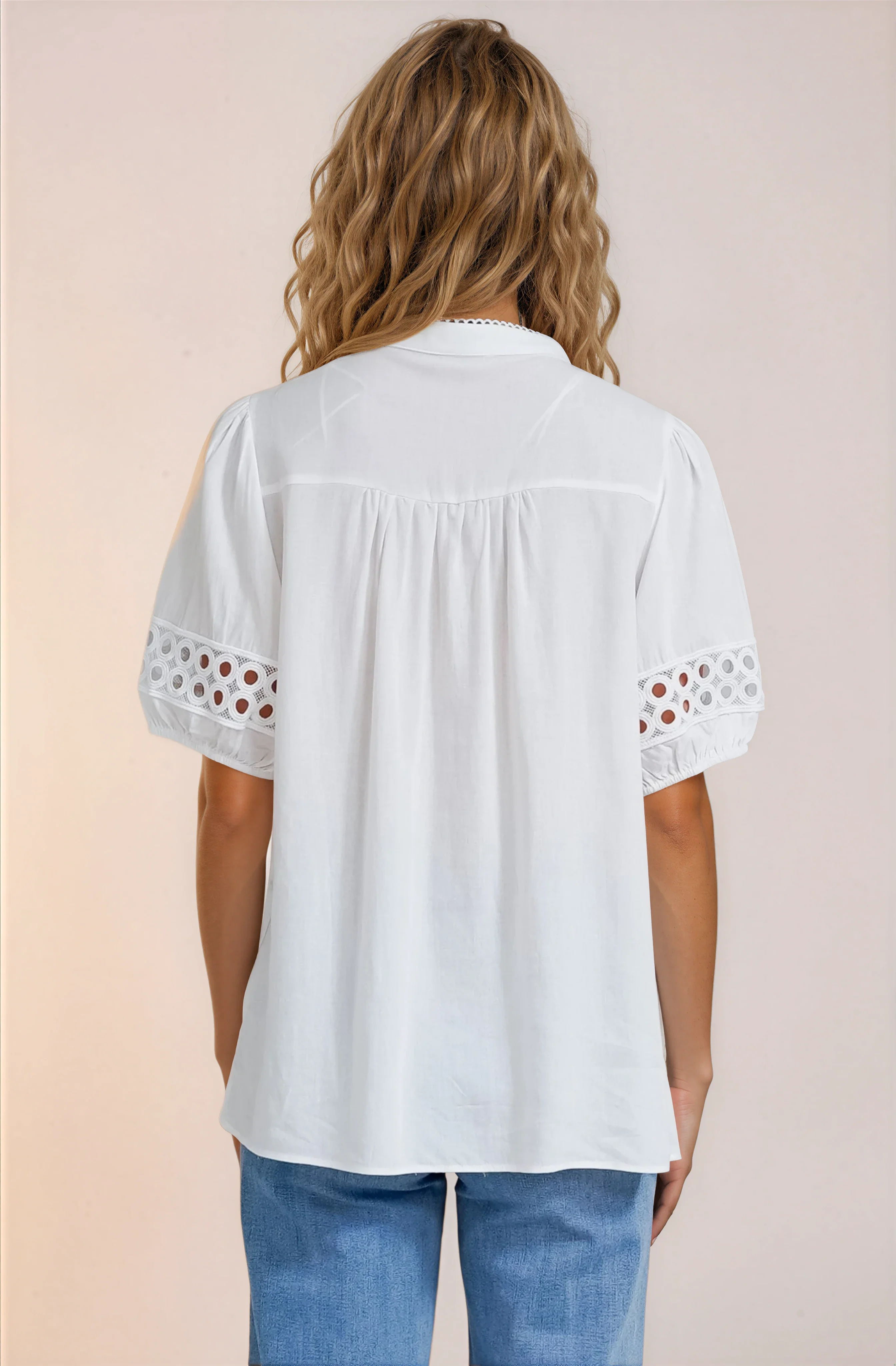 Alenna Shirt - Mandarin Collar Cut Out Detailed Short Sleeve Button Down in White - Image 7