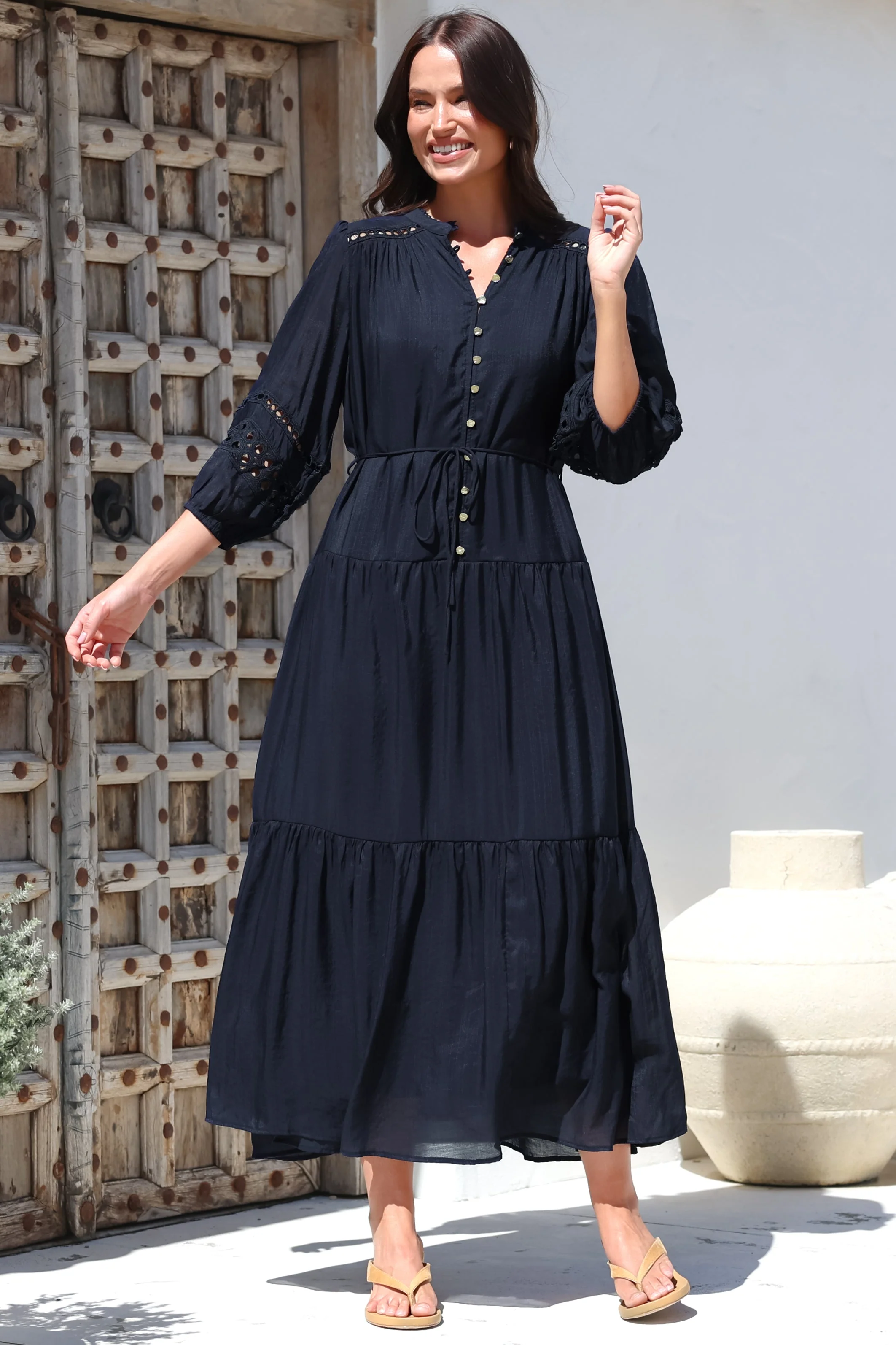 Alexander Maxi Dress - Mandarin Collar Tiered Dress with 3/4 Hollow Out Detailed Sleeves in Navy