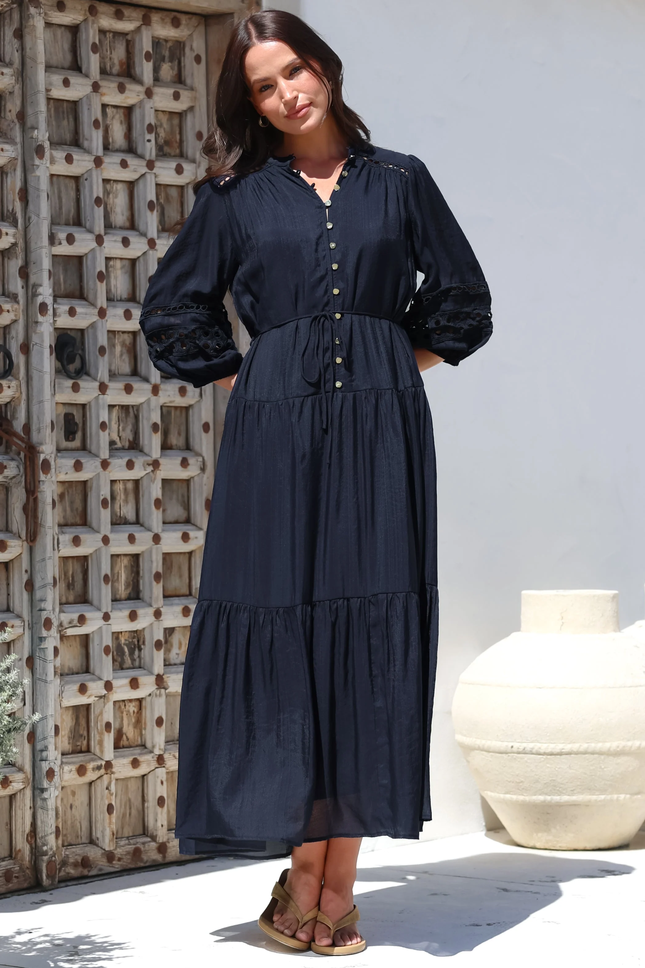 Alexander Maxi Dress - Mandarin Collar Tiered Dress with 3/4 Hollow Out Detailed Sleeves in Navy - Image 3