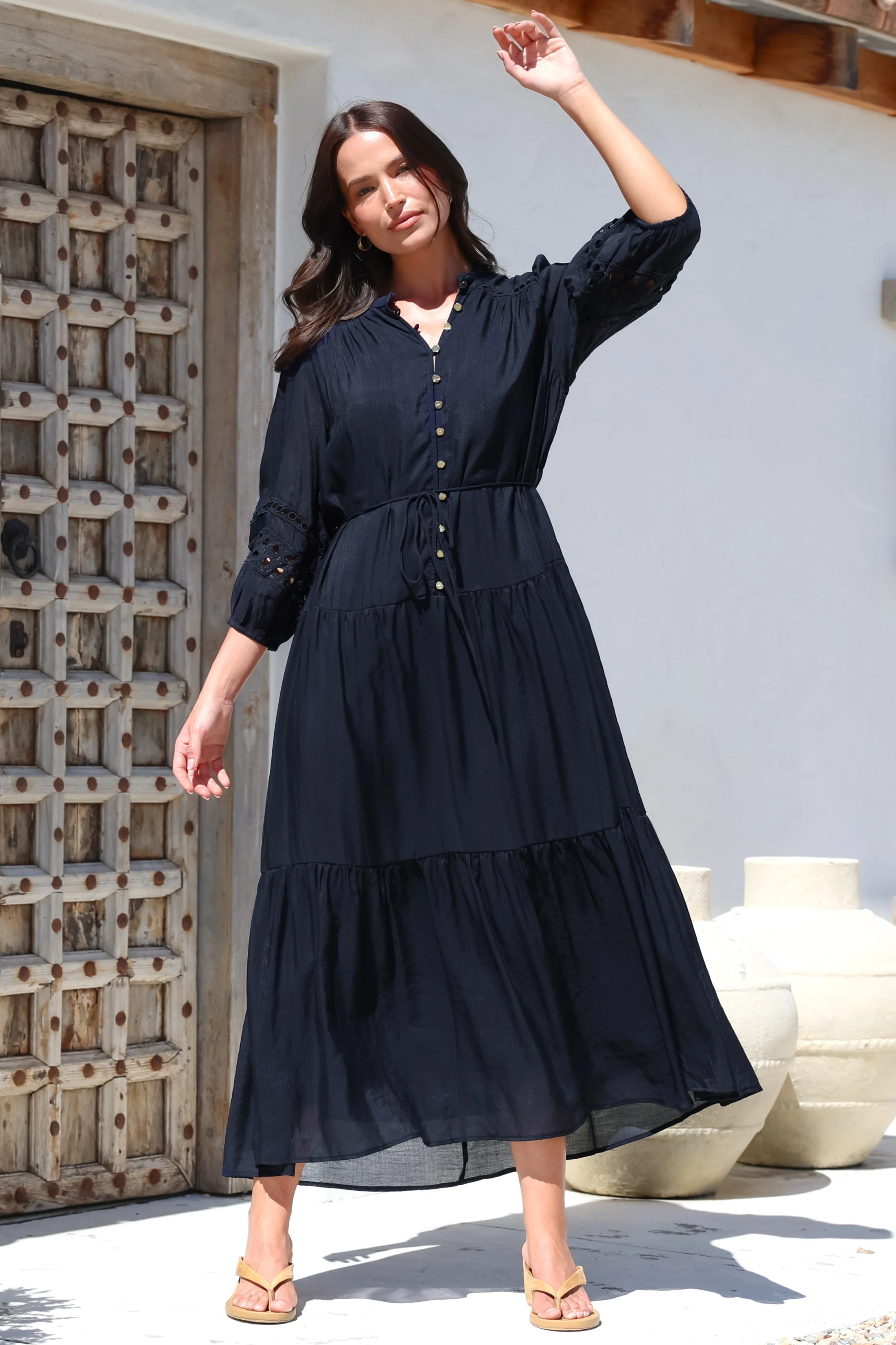 Alexander Maxi Dress - Mandarin Collar Tiered Dress with 3/4 Hollow Out Detailed Sleeves in Navy - Image 4