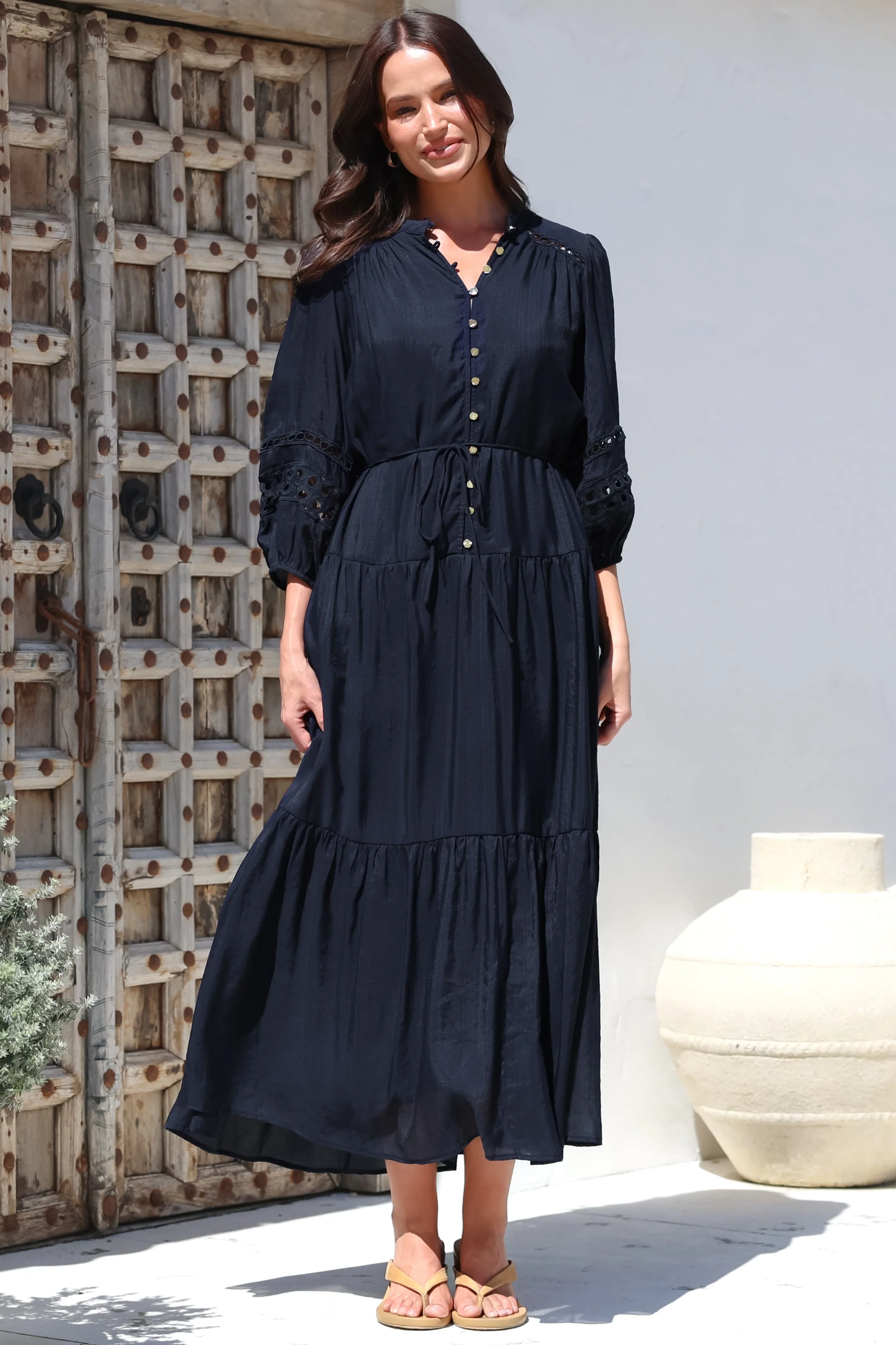Alexander Maxi Dress - Mandarin Collar Tiered Dress with 3/4 Hollow Out Detailed Sleeves in Navy - Image 5
