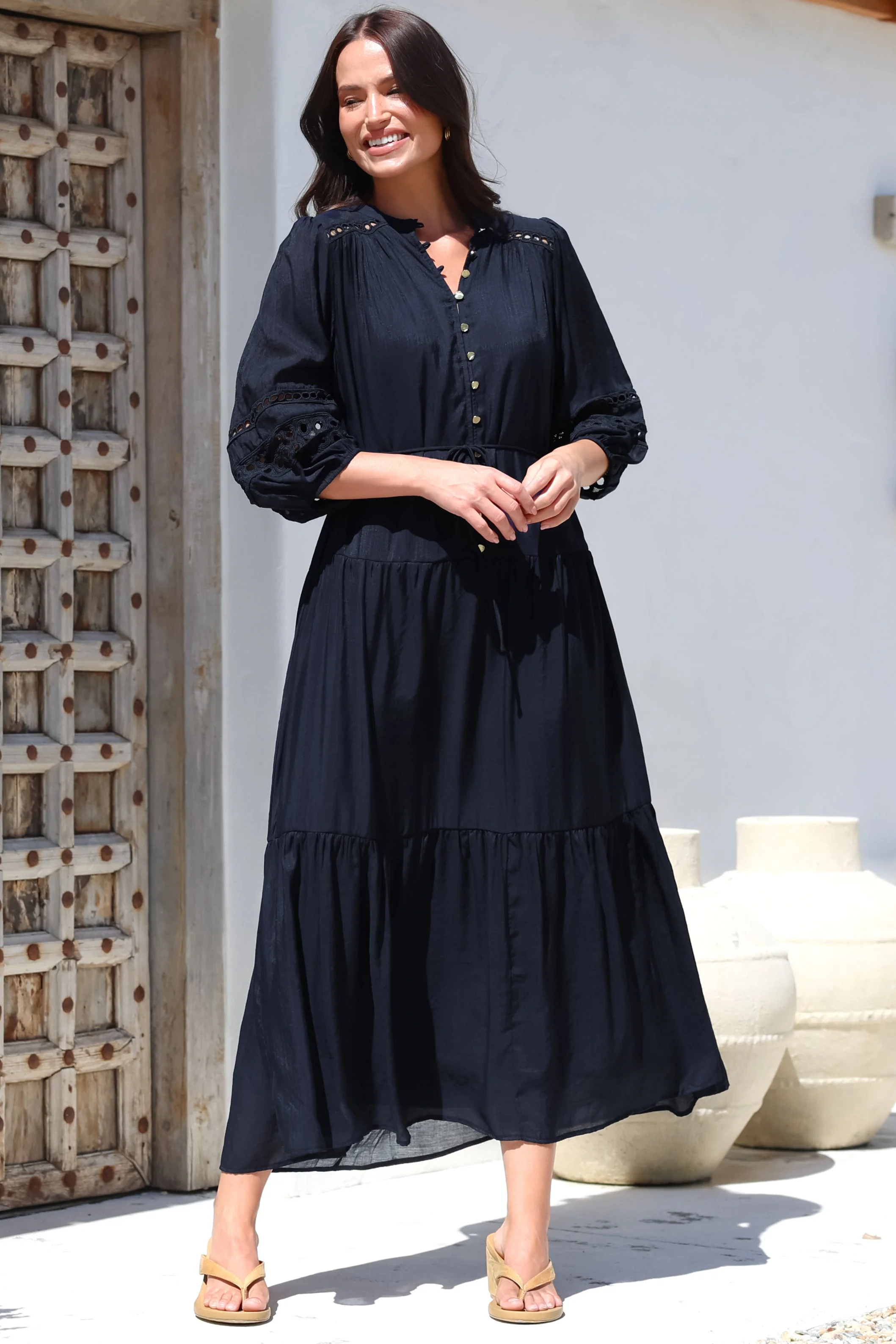 Alexander Maxi Dress - Mandarin Collar Tiered Dress with 3/4 Hollow Out Detailed Sleeves in Navy - Image 6