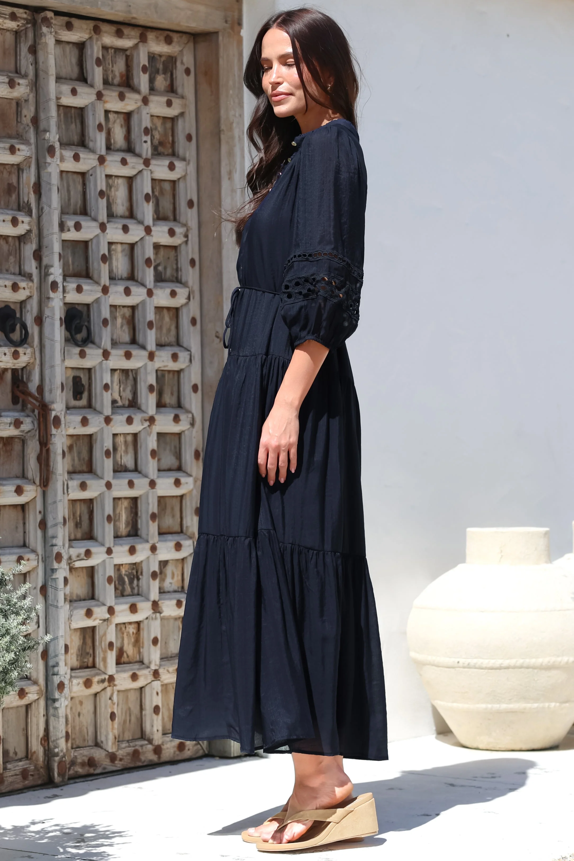 Alexander Maxi Dress - Mandarin Collar Tiered Dress with 3/4 Hollow Out Detailed Sleeves in Navy - Image 7