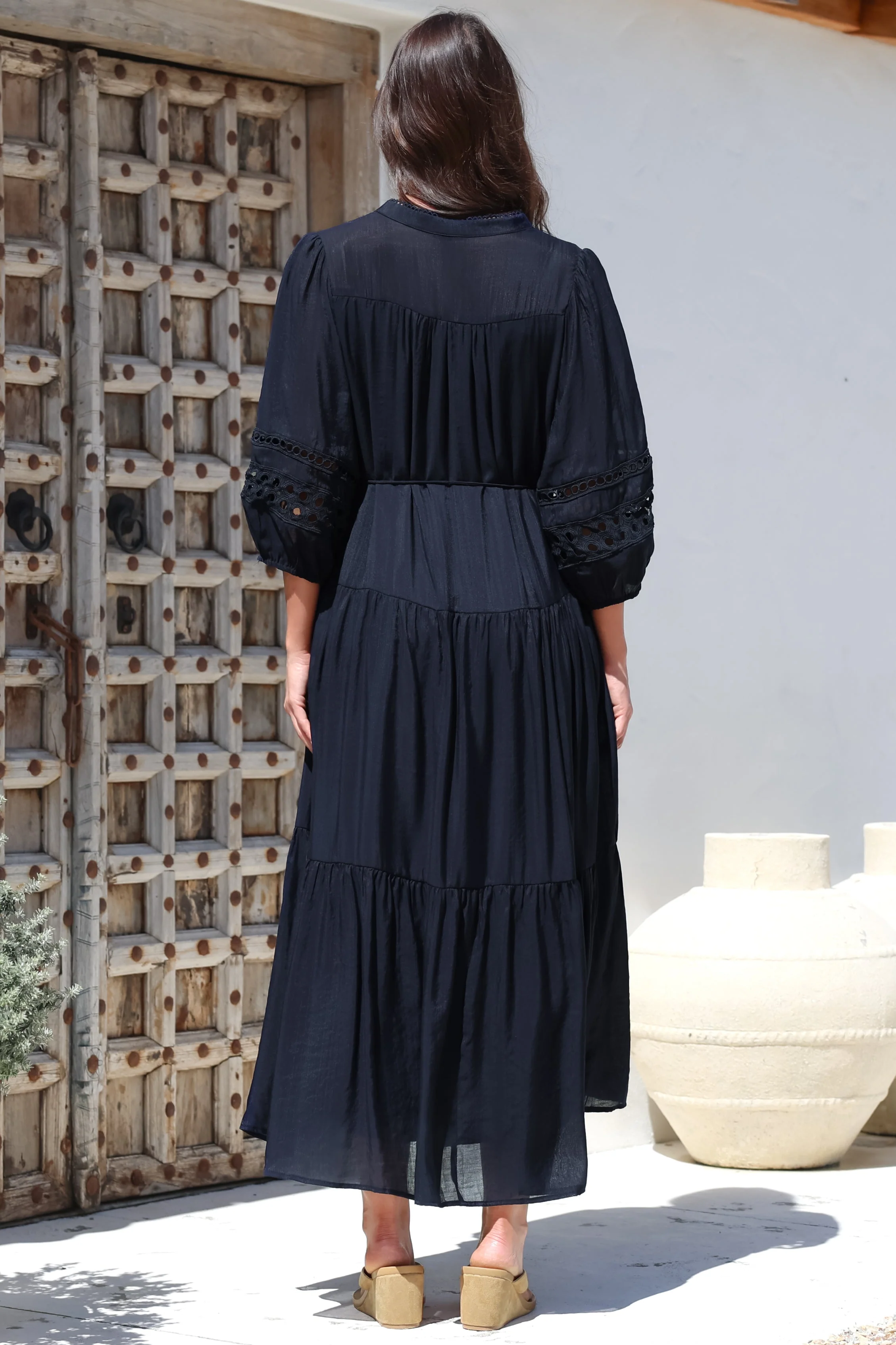 Alexander Maxi Dress - Mandarin Collar Tiered Dress with 3/4 Hollow Out Detailed Sleeves in Navy - Image 8