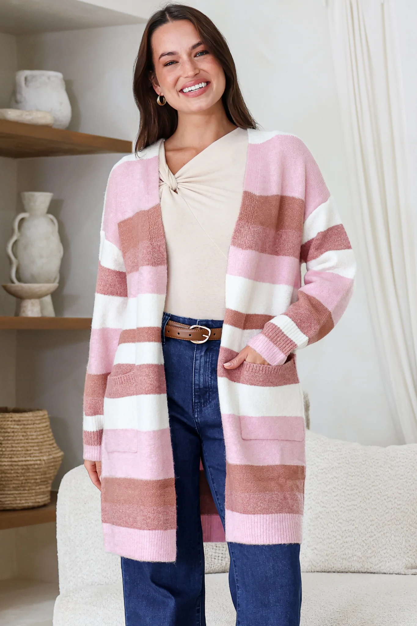 Alfie Cardigan - Open Stripe Knit with Pockets and Rib Knit Trim in Pink - Image 2