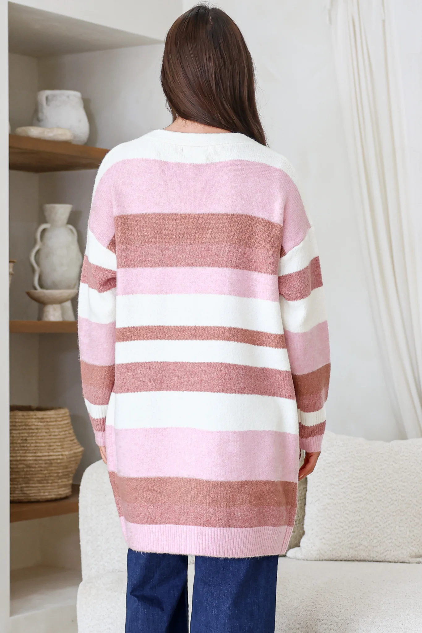 Alfie Cardigan - Open Stripe Knit with Pockets and Rib Knit Trim in Pink - Image 8