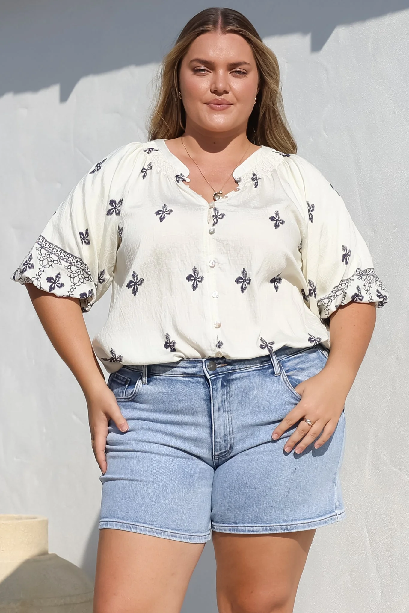Alicia Top - Mandarin Collar Buttoned-Down Top in Sahara Print Navy - Image 10