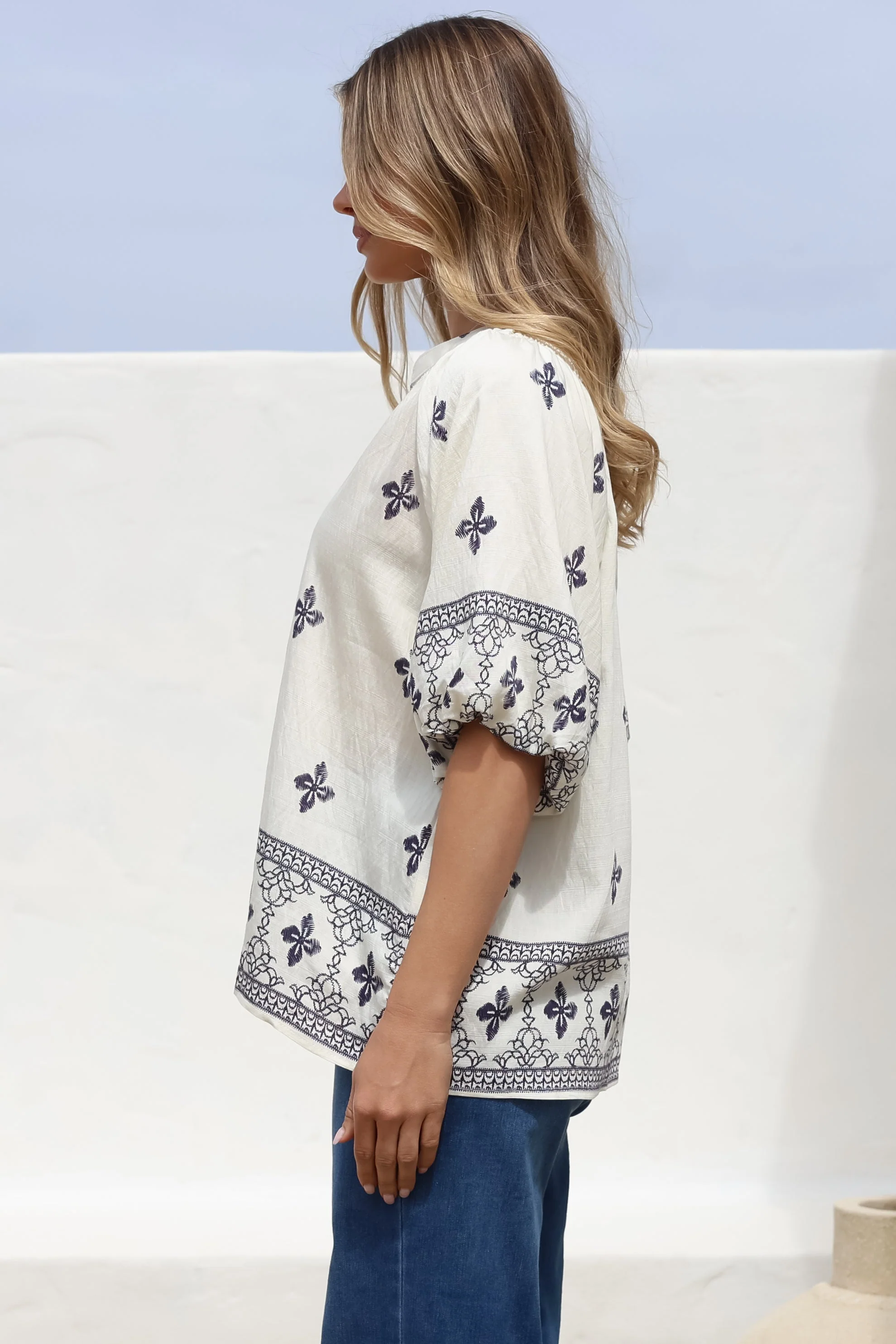 Alicia Top - Mandarin Collar Buttoned-Down Top in Sahara Print Navy - Image 14