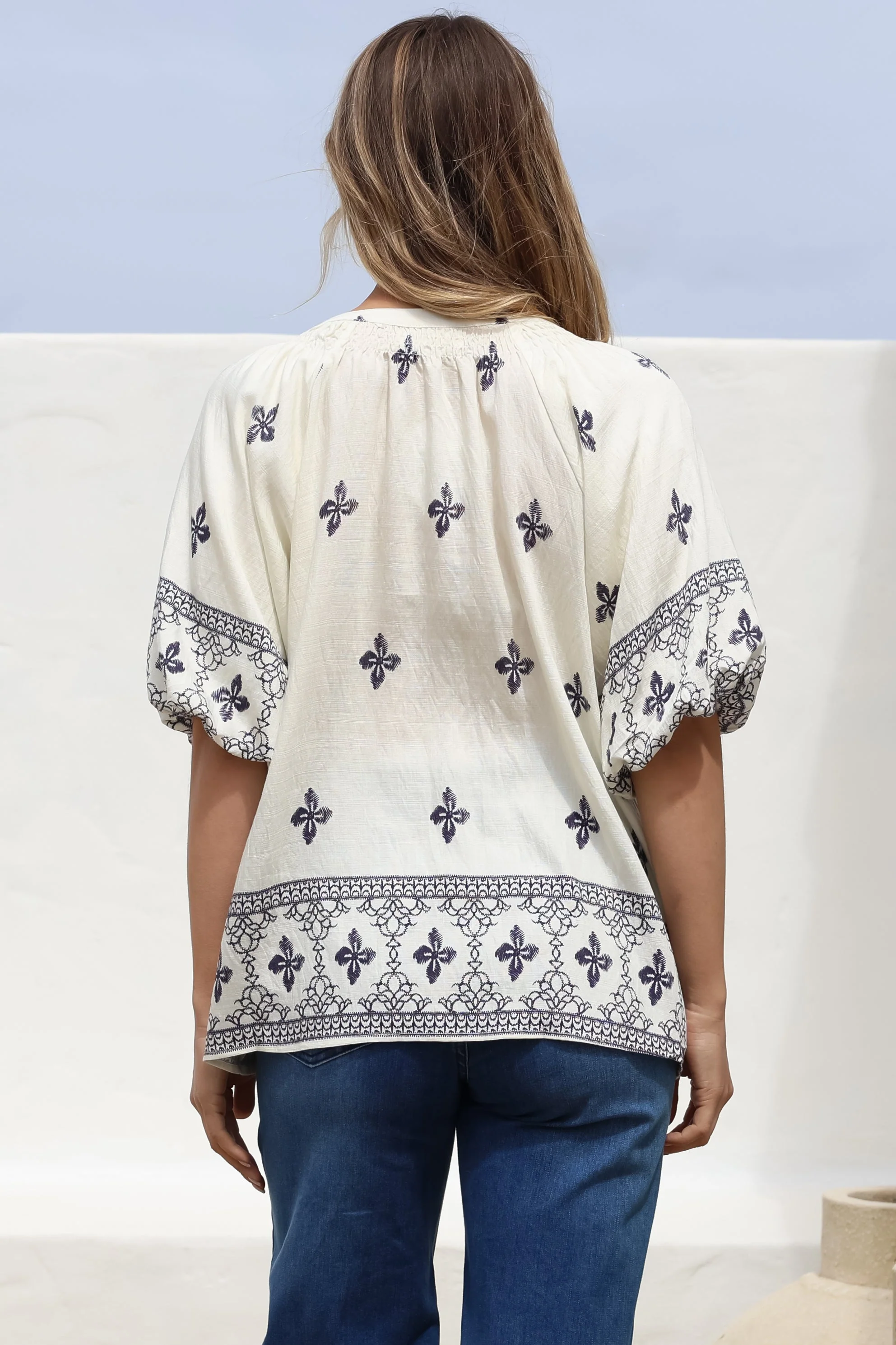 Alicia Top - Mandarin Collar Buttoned-Down Top in Sahara Print Navy - Image 15